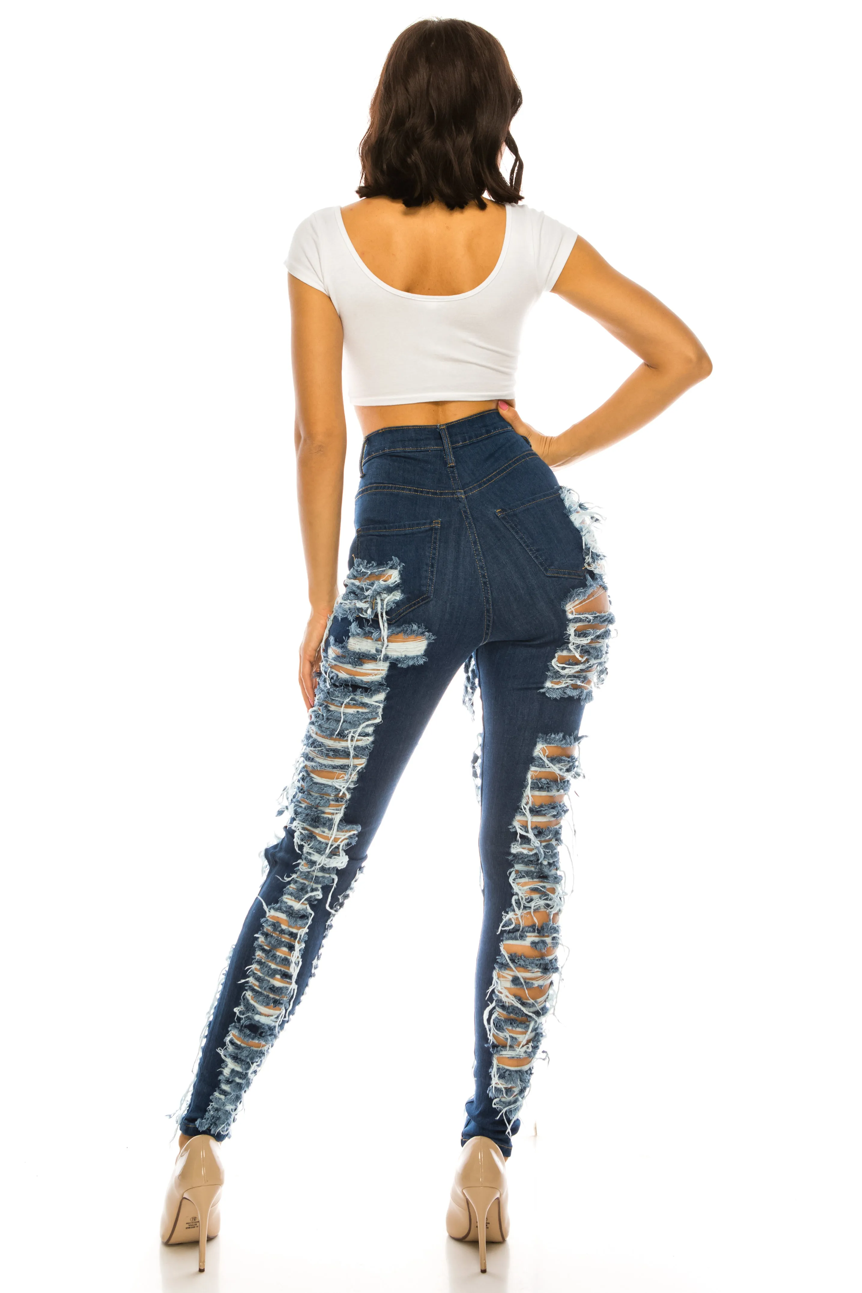 40090 Women Super High Waisted Distressed Skinny Jeans with Cut Outs