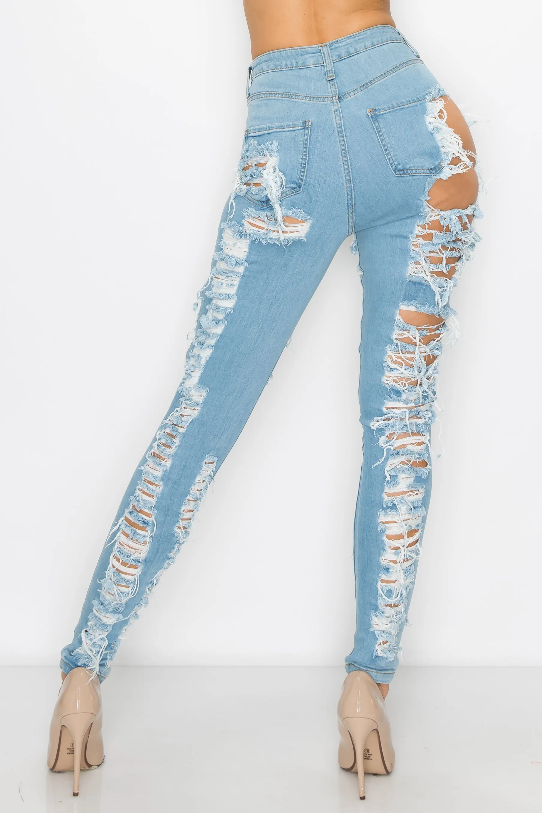 40090 Women Super High Waisted Distressed Skinny Jeans with Cut Outs