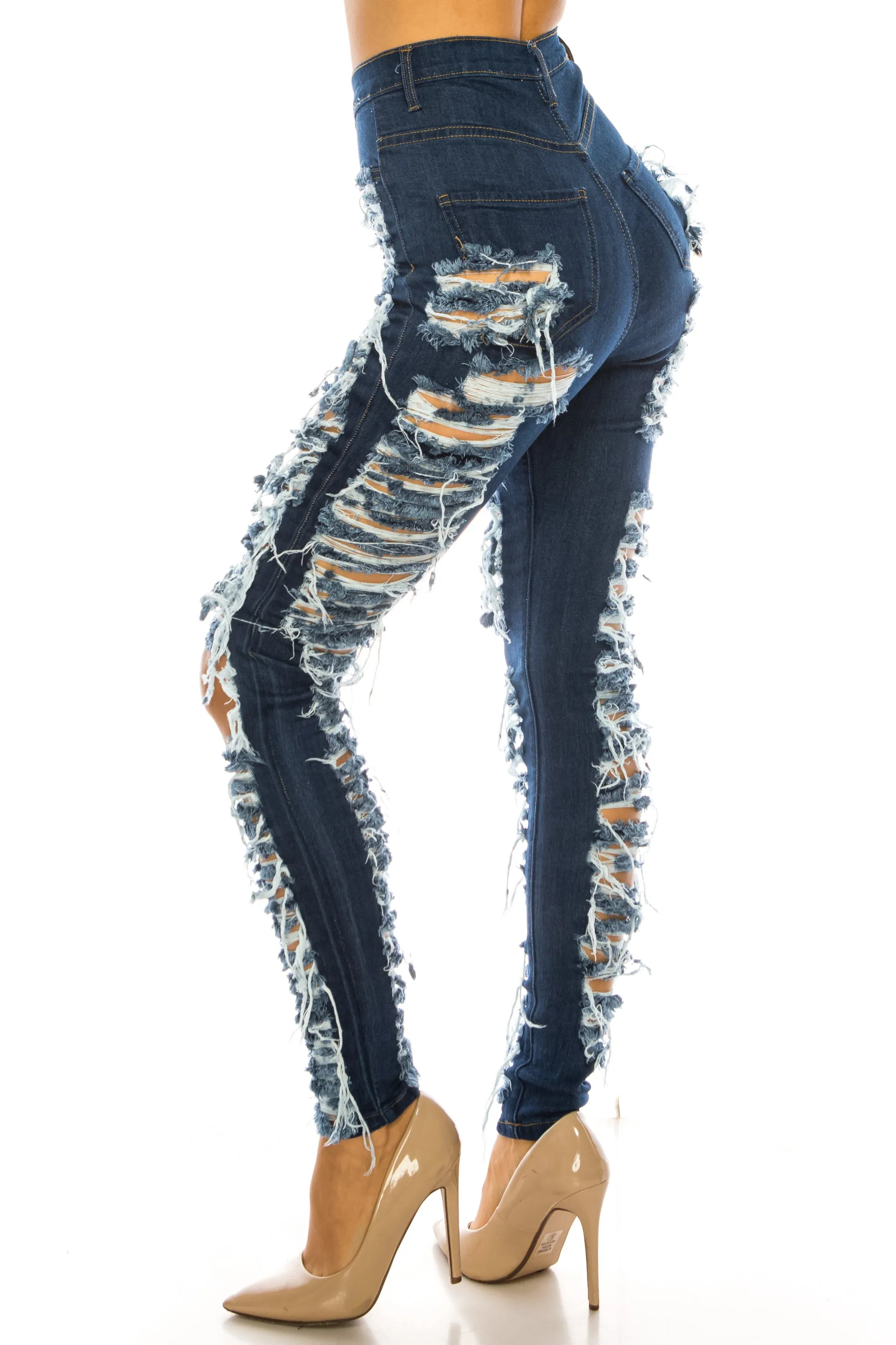 40090 Women Super High Waisted Distressed Skinny Jeans with Cut Outs