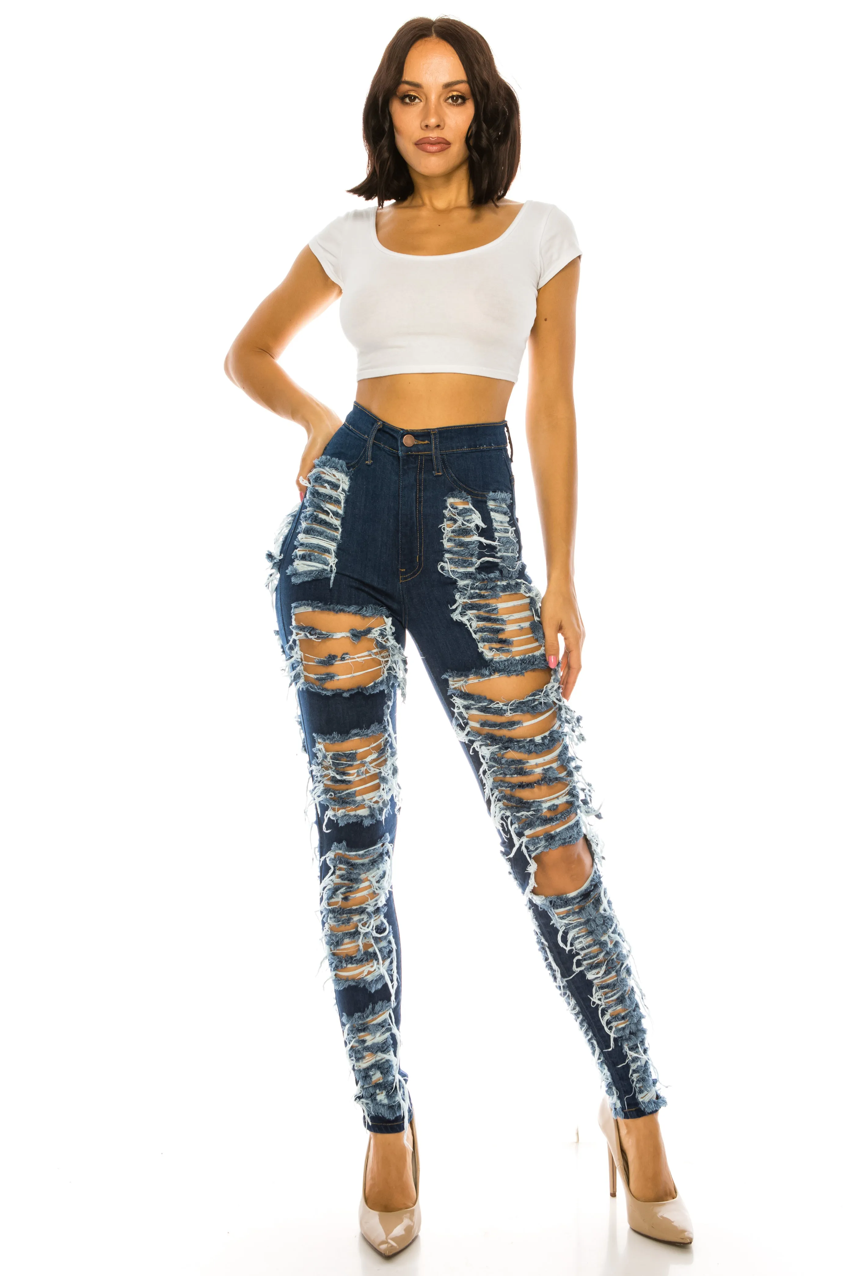 40090 Women Super High Waisted Distressed Skinny Jeans with Cut Outs