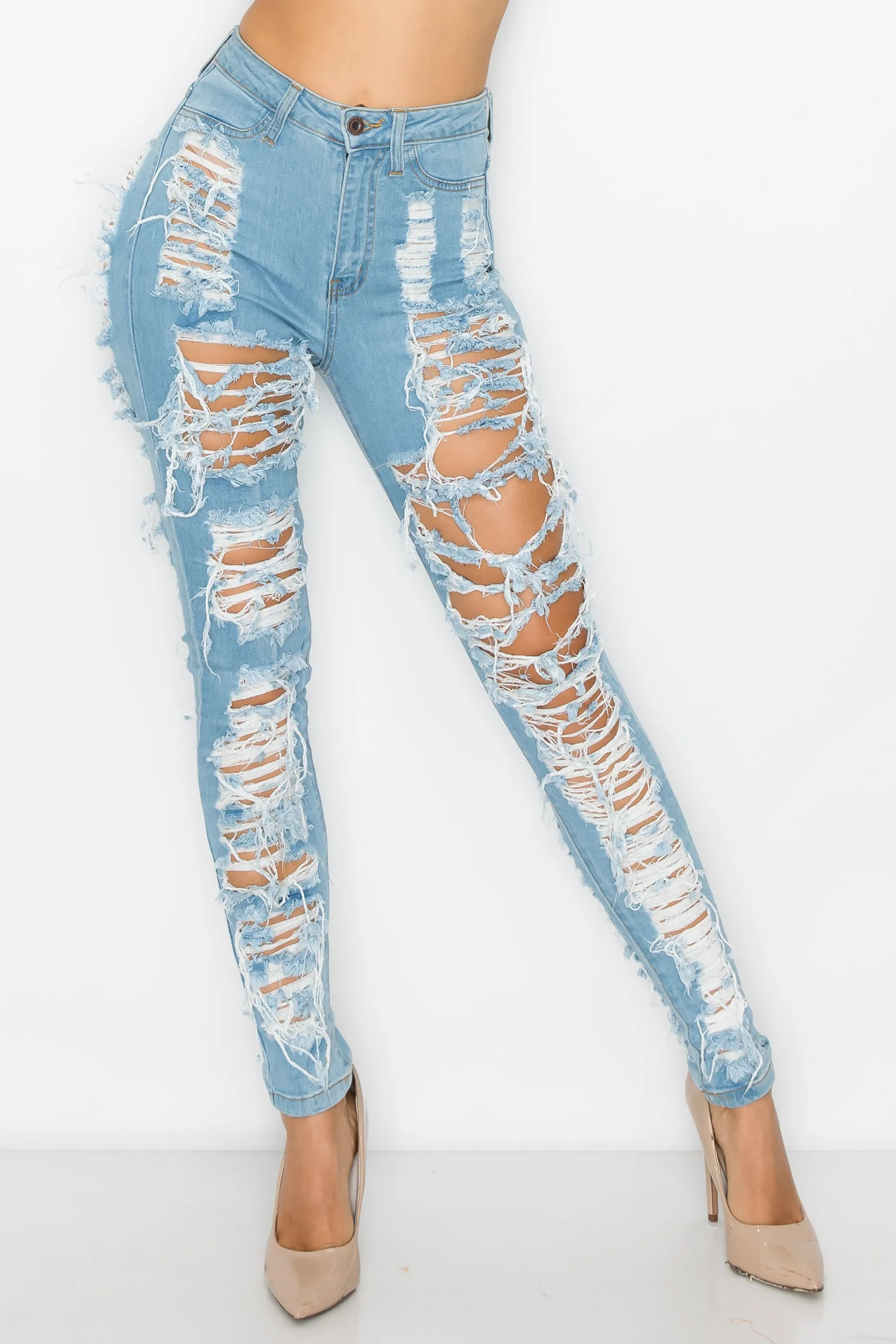 40090 Women Super High Waisted Distressed Skinny Jeans with Cut Outs