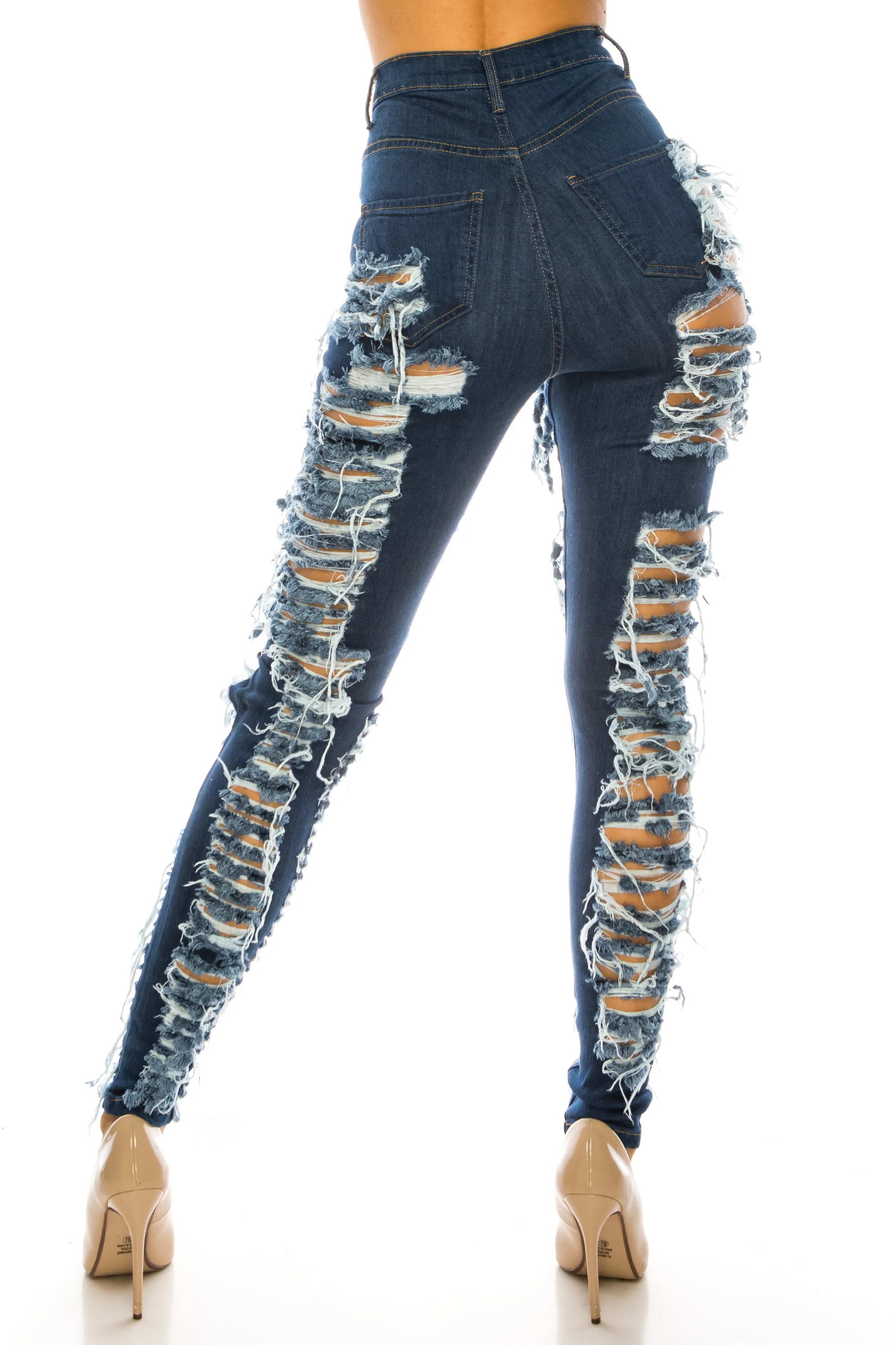 40090 Women Super High Waisted Distressed Skinny Jeans with Cut Outs