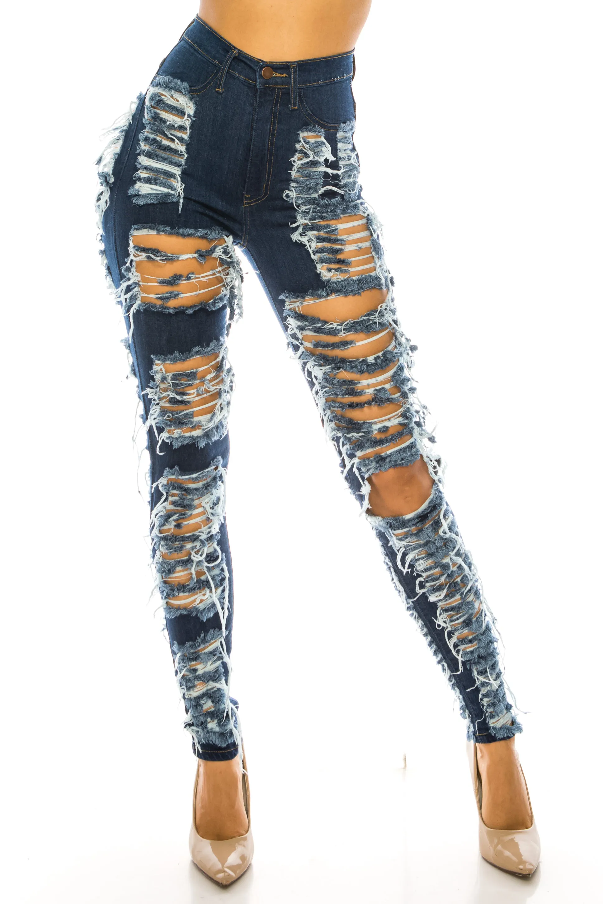 40090 Women Super High Waisted Distressed Skinny Jeans with Cut Outs