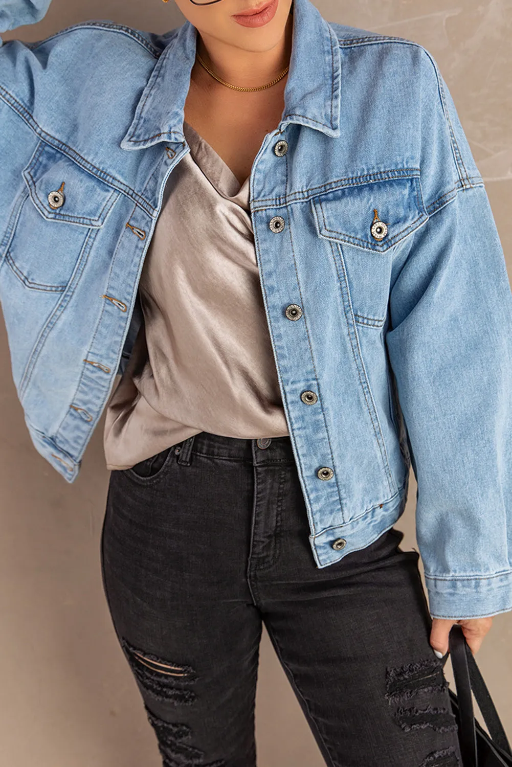 Acid Washed Pockets Buttoned Denim Jacket