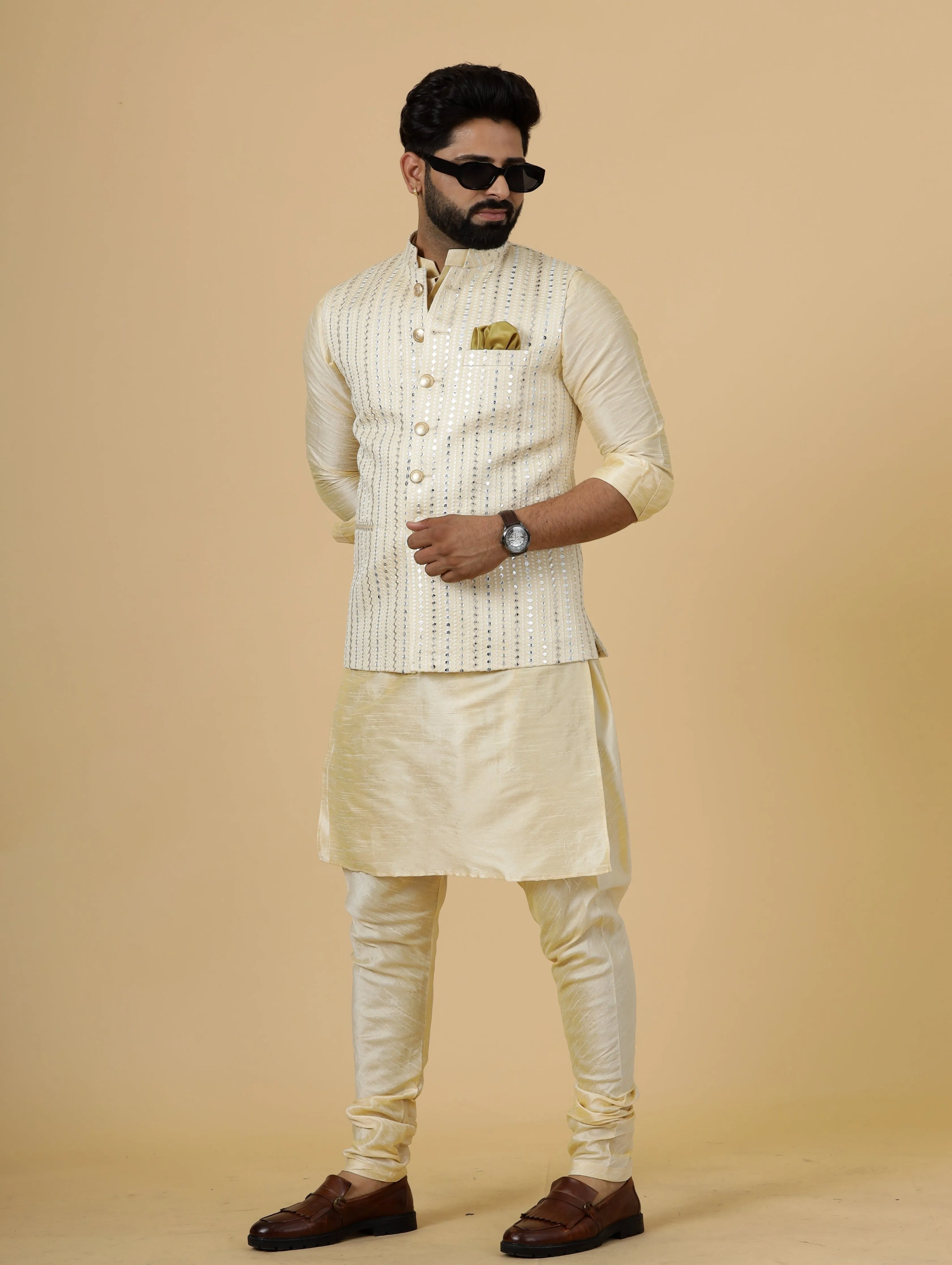 Alluring Beige Mirror Embroidered Silk Half Jodhpuri Jacket with Cream Kurta-Pajama for Men