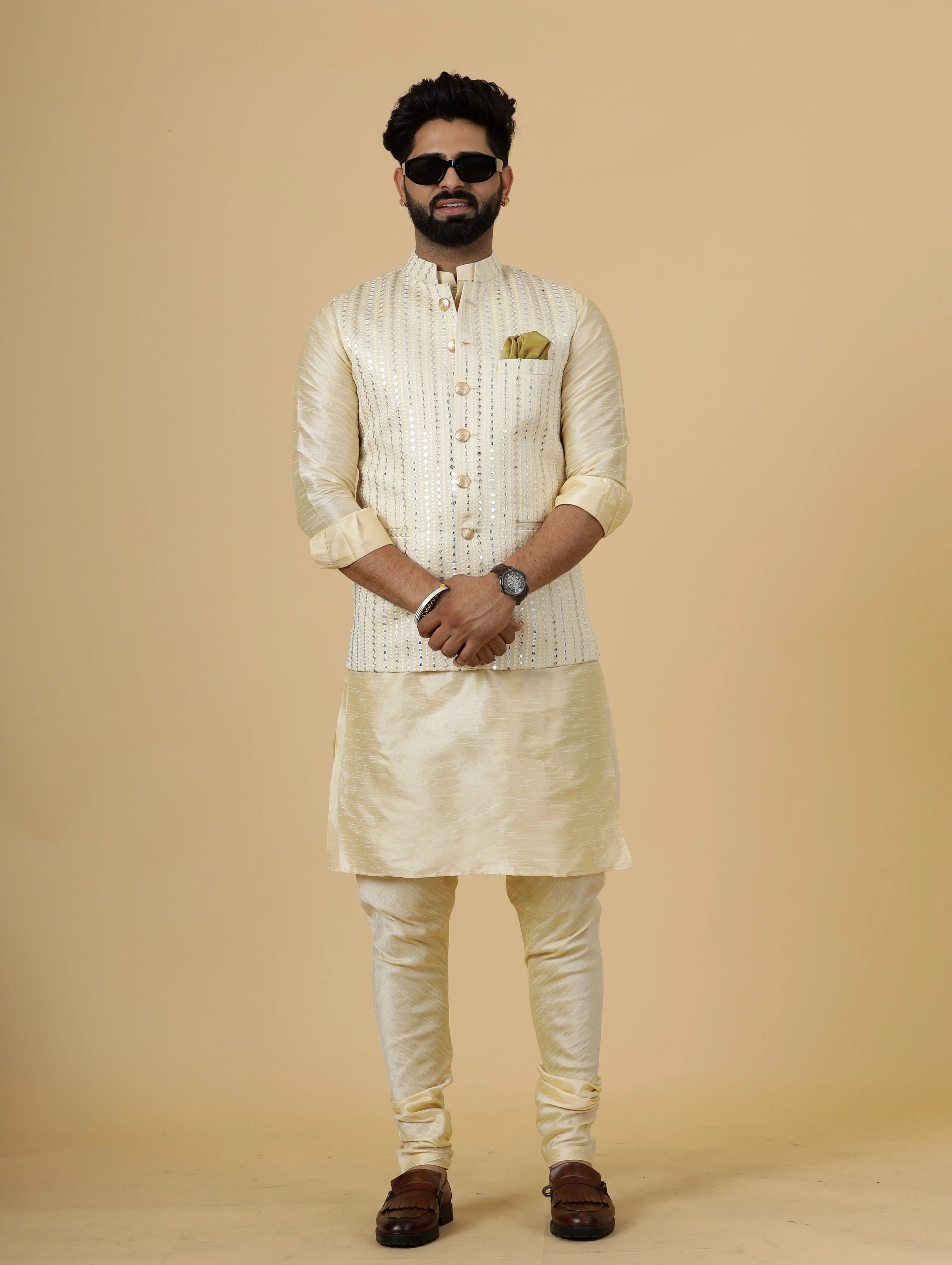 Alluring Beige Mirror Embroidered Silk Half Jodhpuri Jacket with Cream Kurta-Pajama for Men