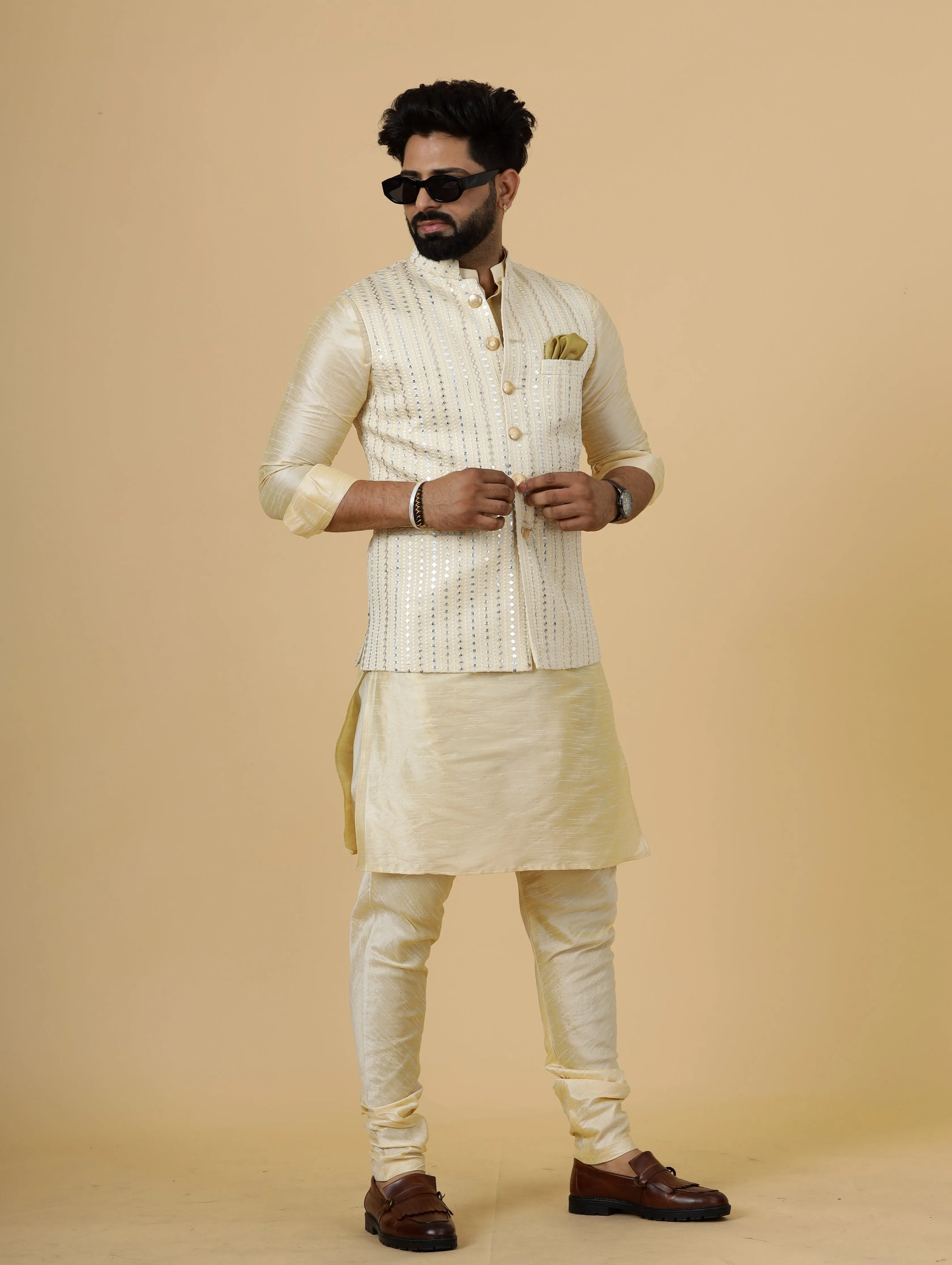 Alluring Beige Mirror Embroidered Silk Half Jodhpuri Jacket with Cream Kurta-Pajama for Men