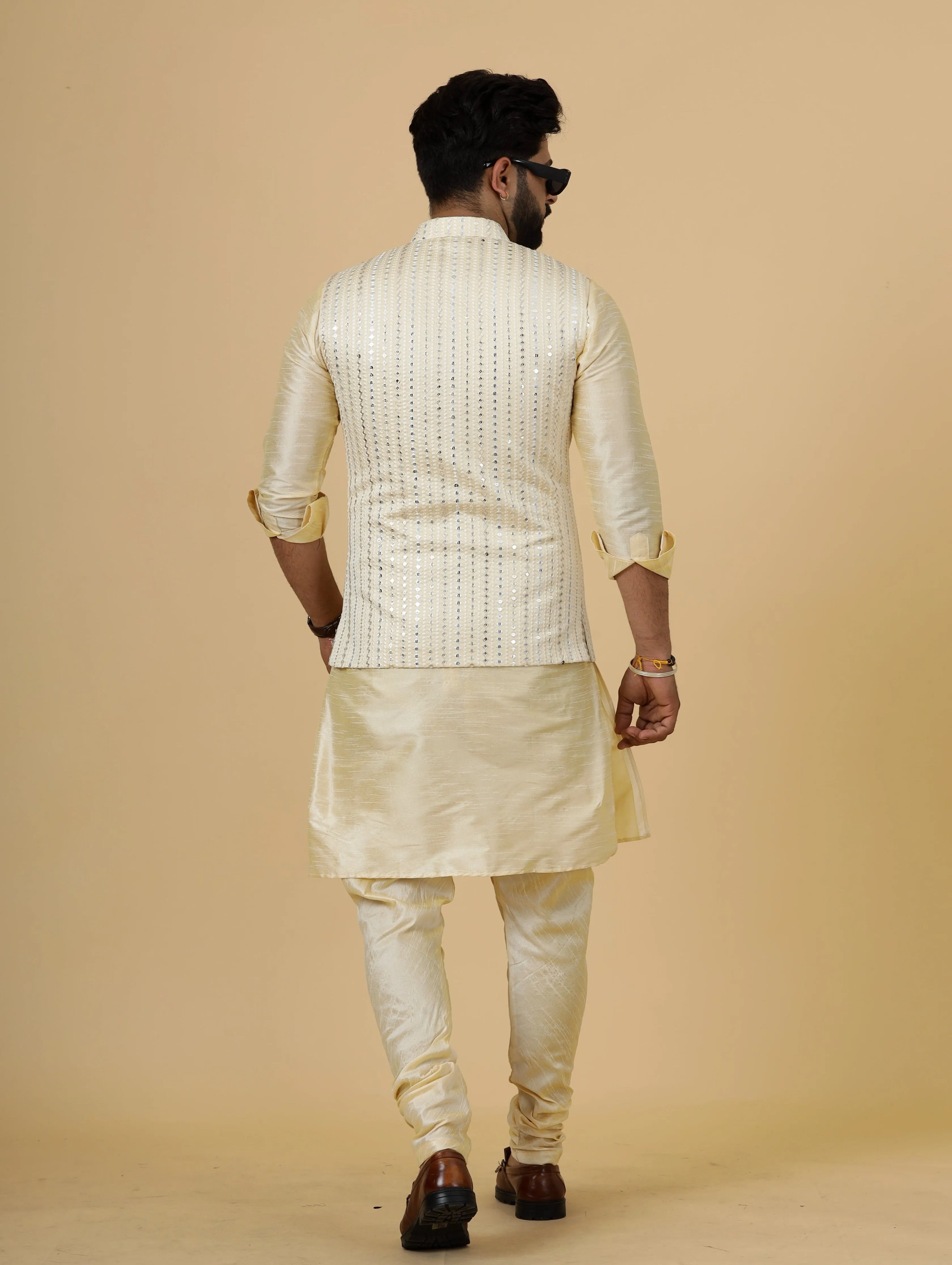 Alluring Beige Mirror Embroidered Silk Half Jodhpuri Jacket with Cream Kurta-Pajama for Men