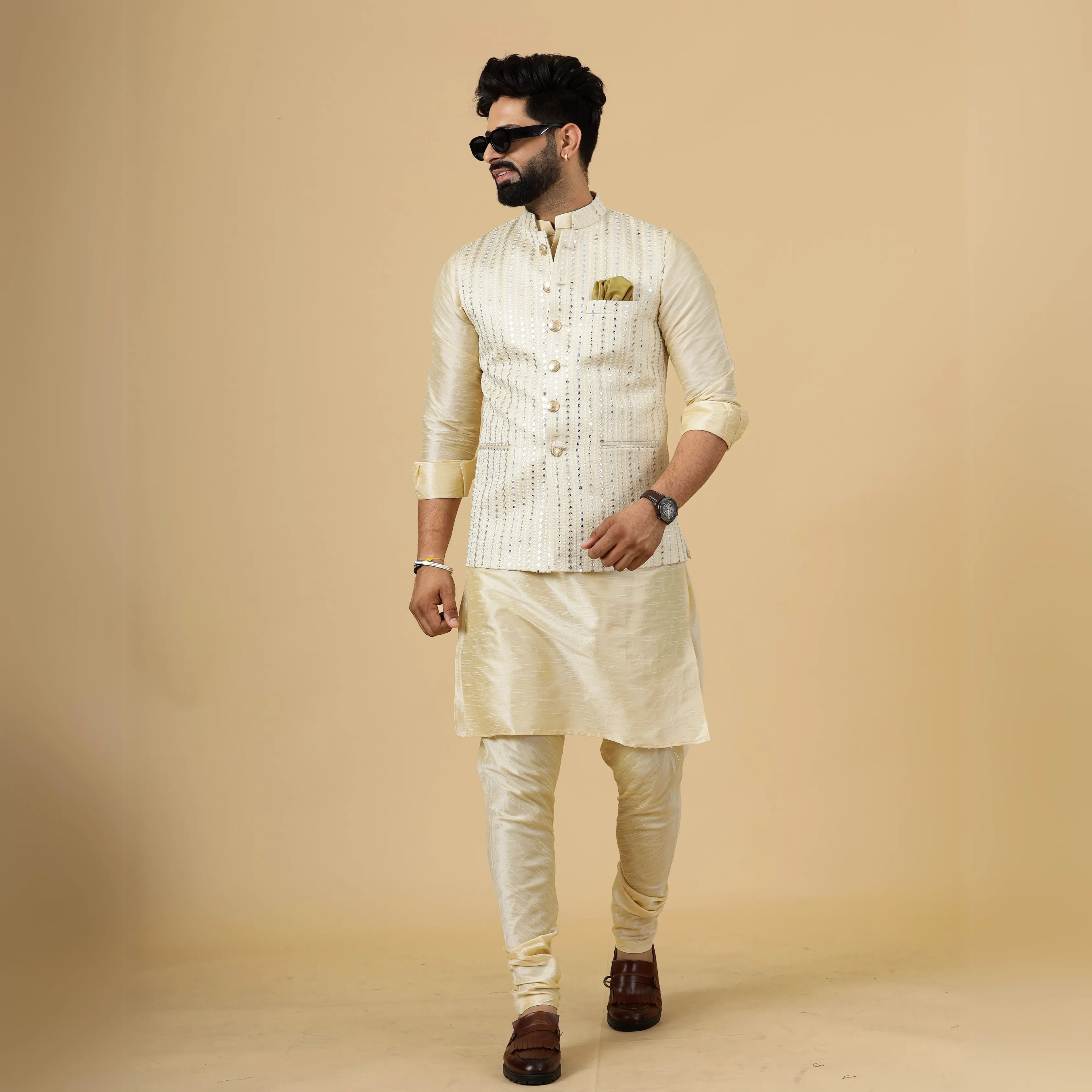 Alluring Beige Mirror Embroidered Silk Half Jodhpuri Jacket with Cream Kurta-Pajama for Men