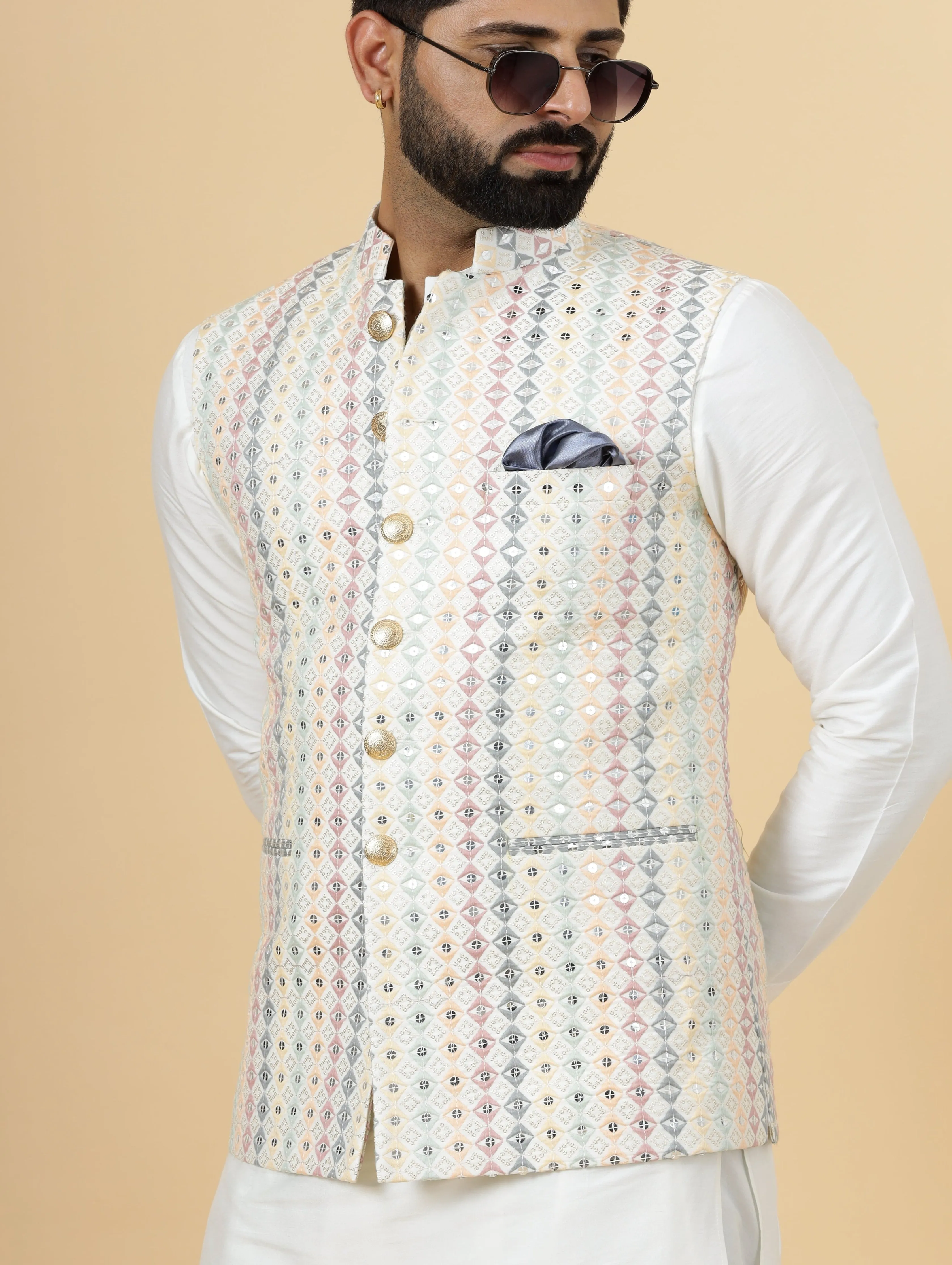 Alluring Off-White Square Pattern Thread Embroidered Silk Half Jodhpuri Jacket with Off-White Kurta-Pajama for Men