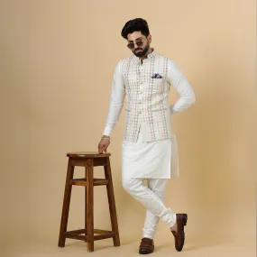 Alluring Off-White Square Pattern Thread Embroidered Silk Half Jodhpuri Jacket with Off-White Kurta-Pajama for Men