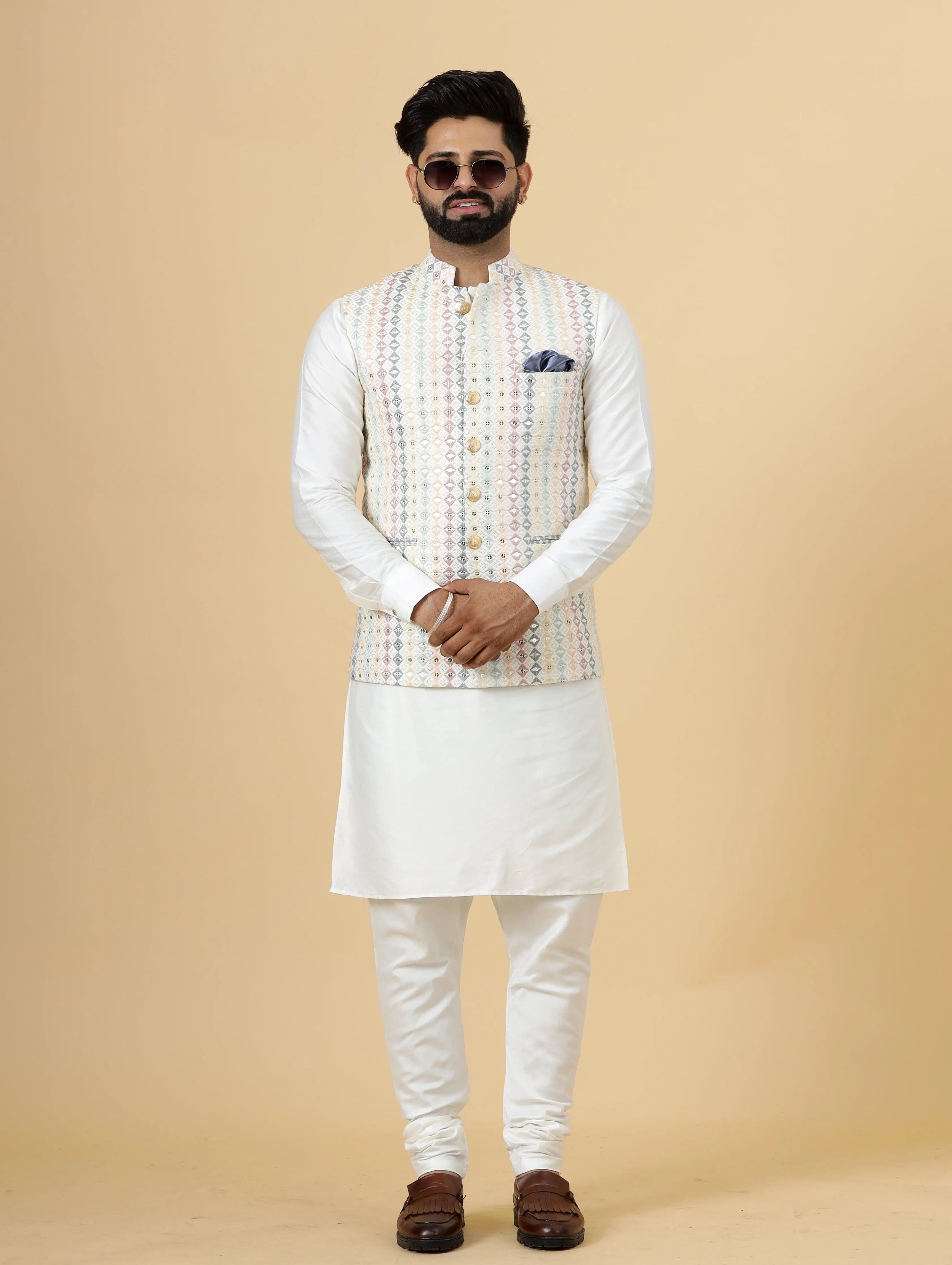 Alluring Off-White Square Pattern Thread Embroidered Silk Half Jodhpuri Jacket with Off-White Kurta-Pajama for Men