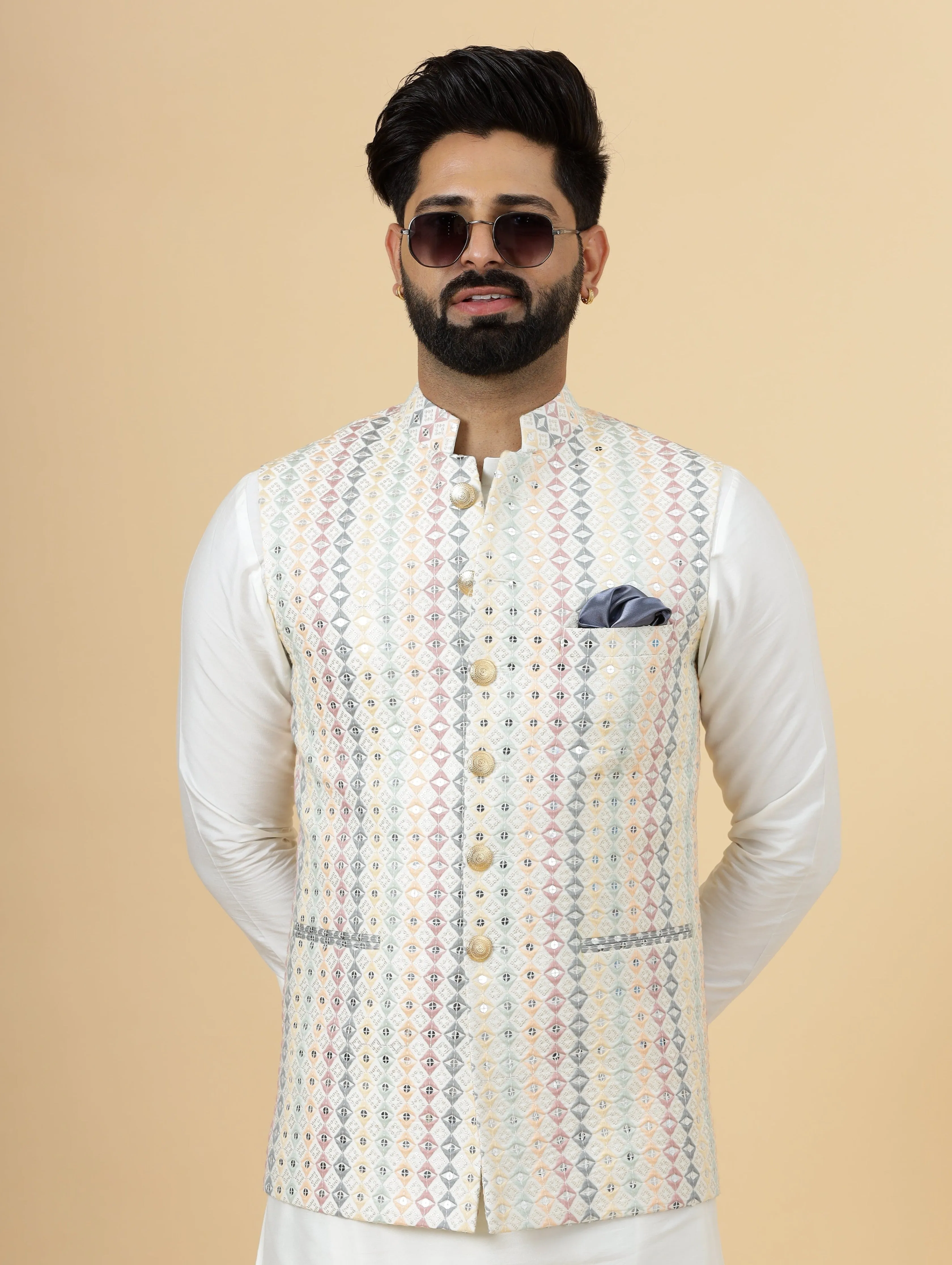 Alluring Off-White Square Pattern Thread Embroidered Silk Half Jodhpuri Jacket with Off-White Kurta-Pajama for Men