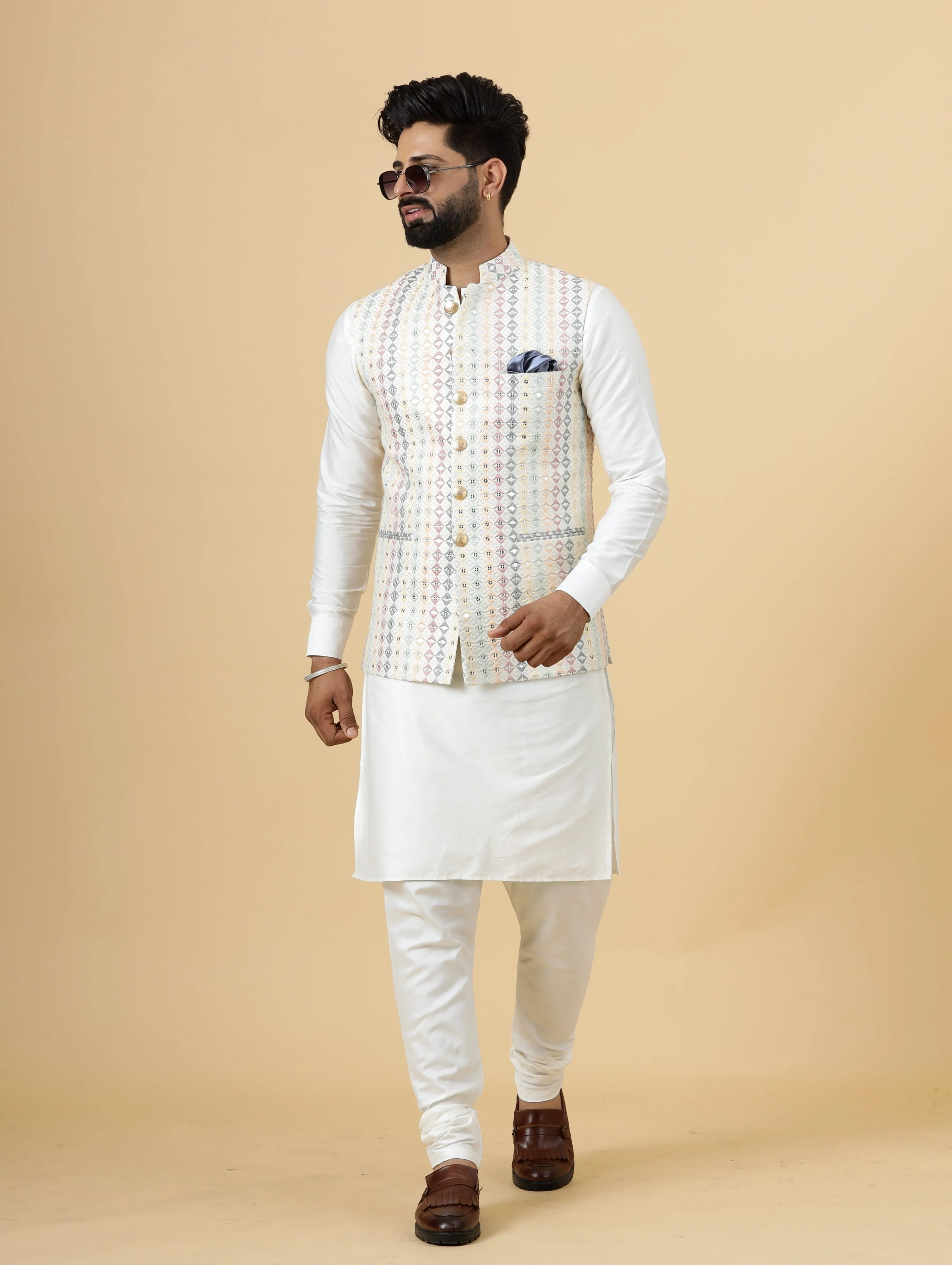 Alluring Off-White Square Pattern Thread Embroidered Silk Half Jodhpuri Jacket with Off-White Kurta-Pajama for Men