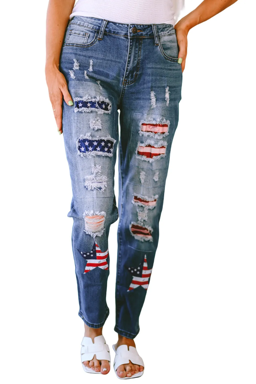 American Flag Patched Distressed Jeans