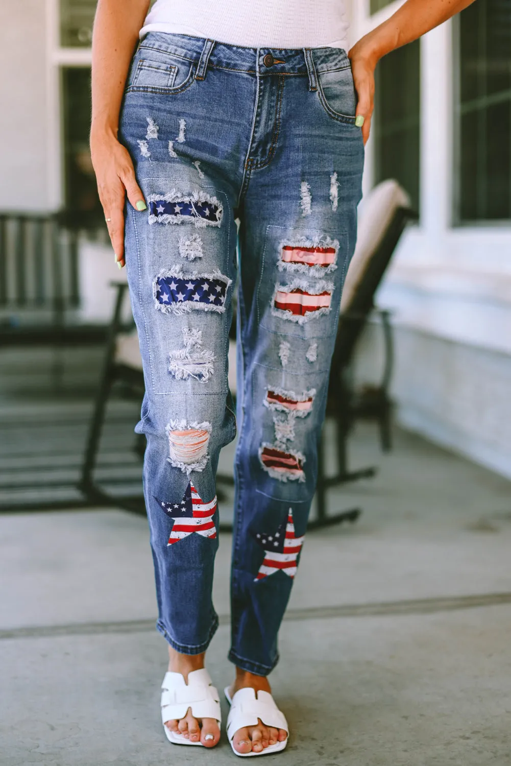 American Flag Patched Distressed Jeans