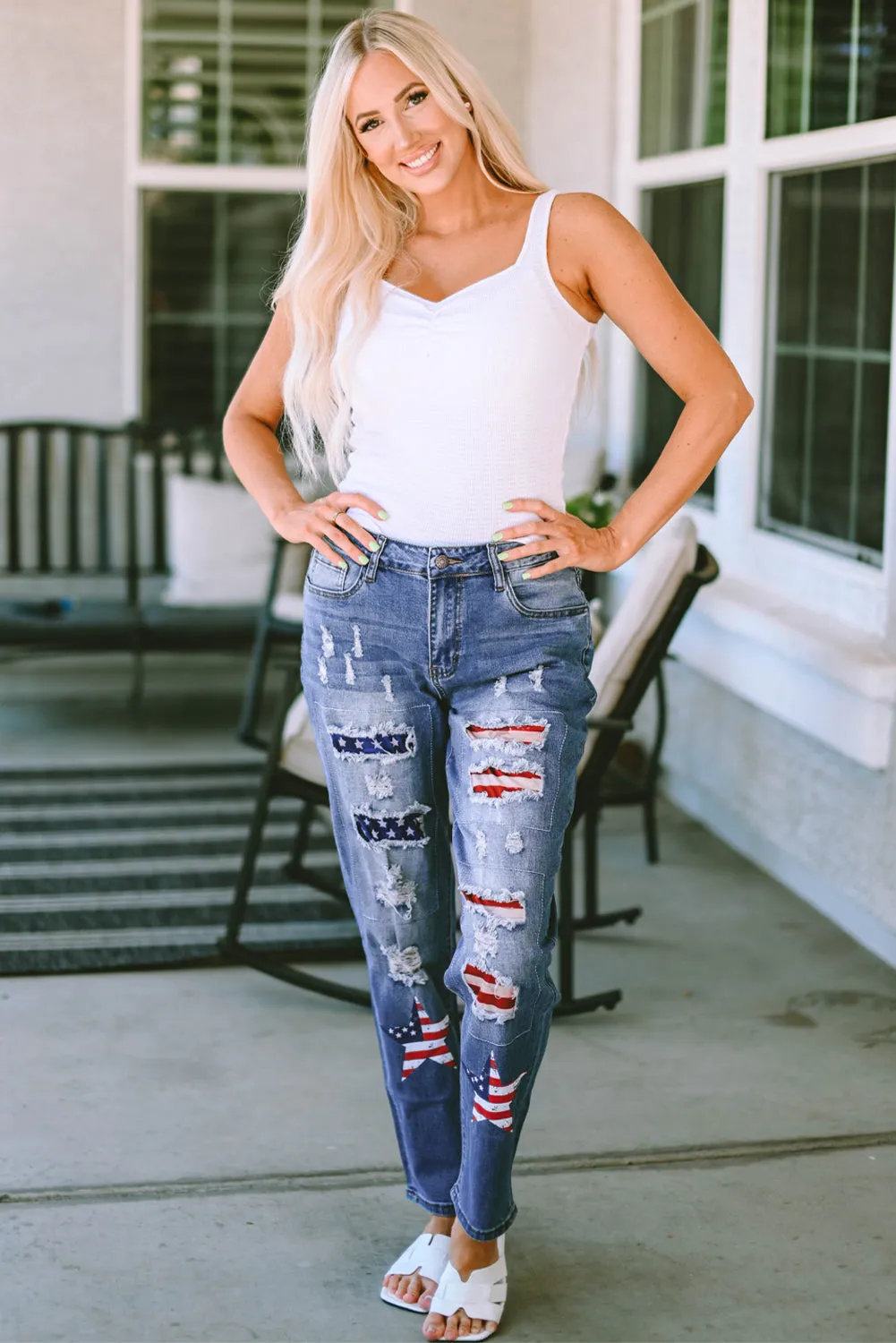 American Flag Patched Distressed Jeans