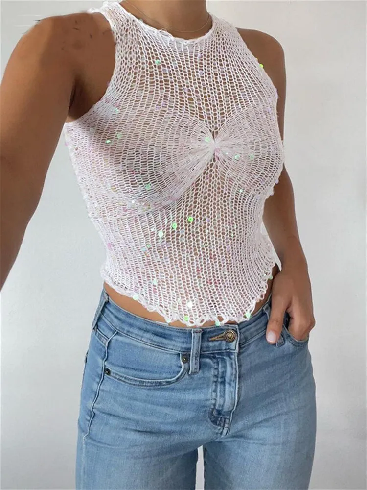 Ashore Shop Knitted Sequins O Neck Sleeveless Crop Tank Top