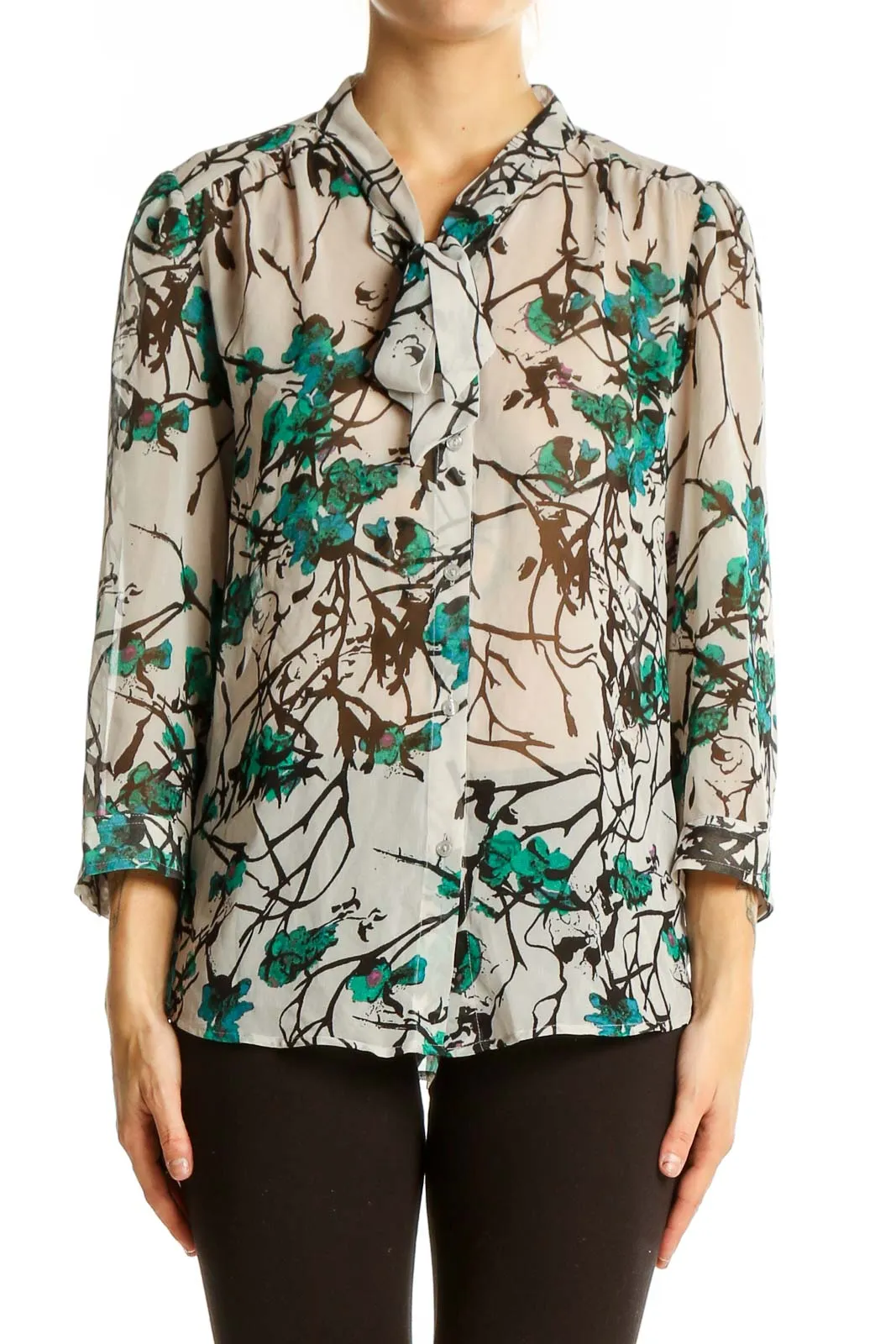 Beige Floral Print Button-Up Blouse