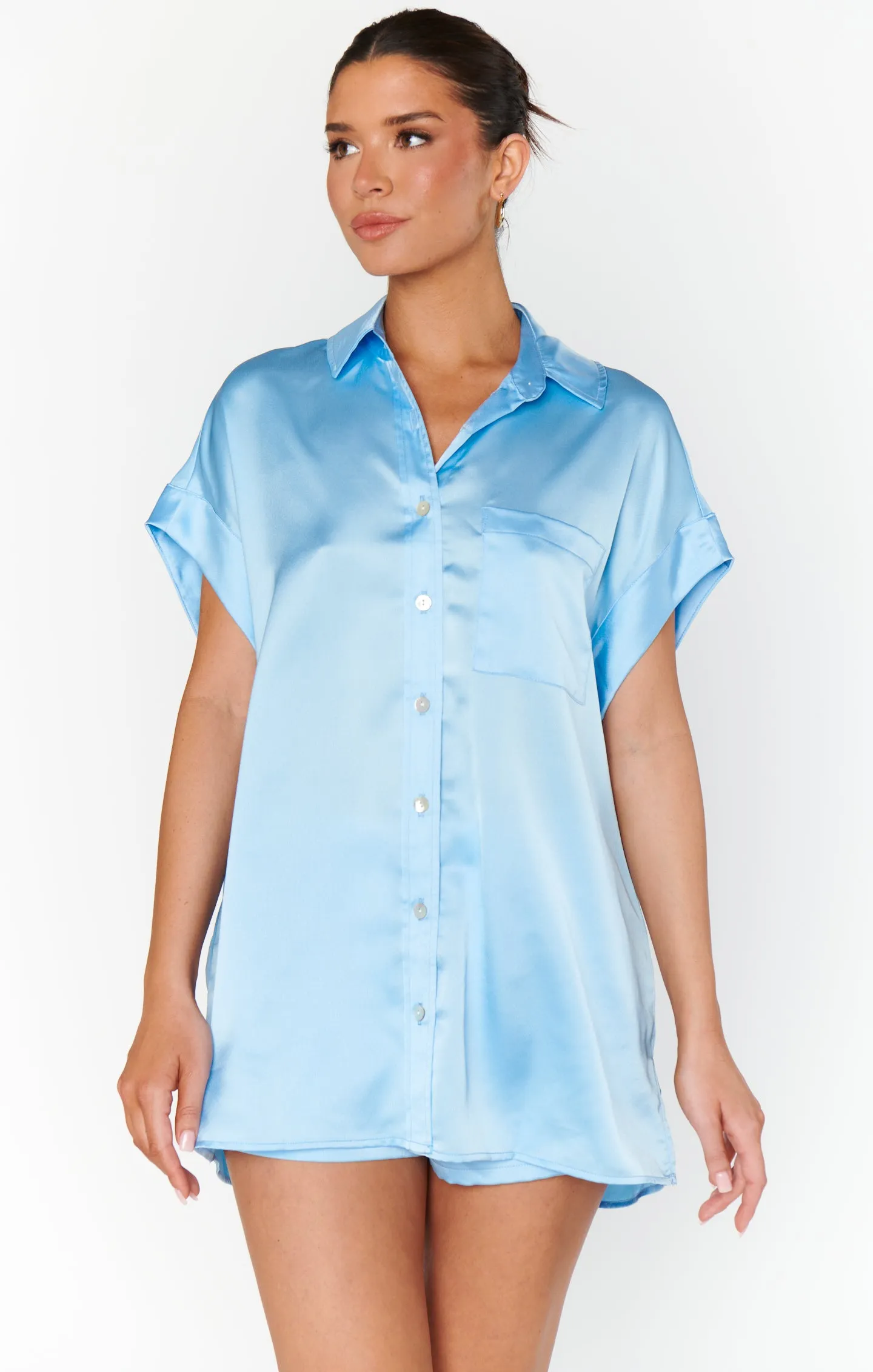 Best Day Button Up ~ Baby Blue Luxe Satin