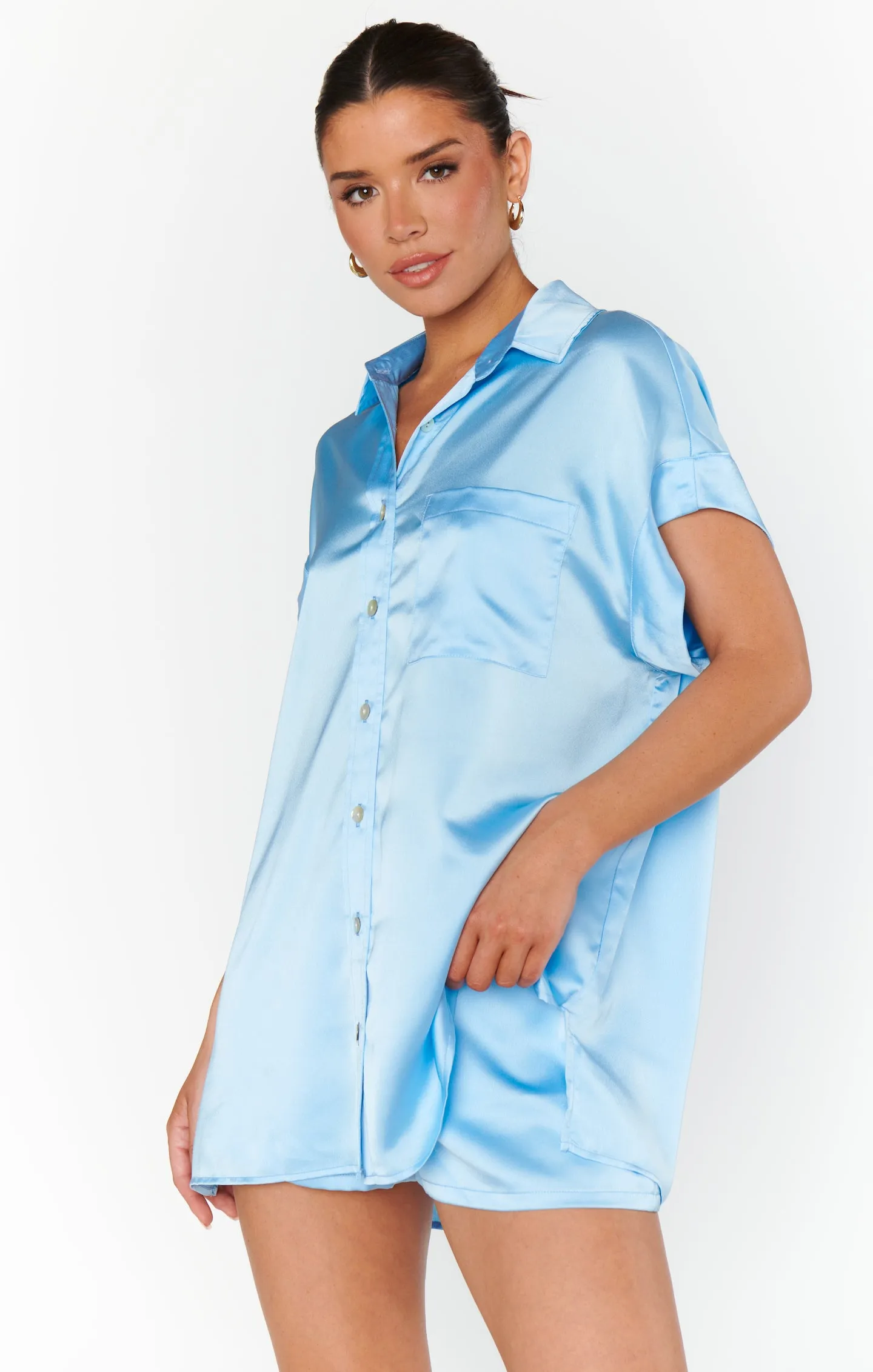 Best Day Button Up ~ Baby Blue Luxe Satin