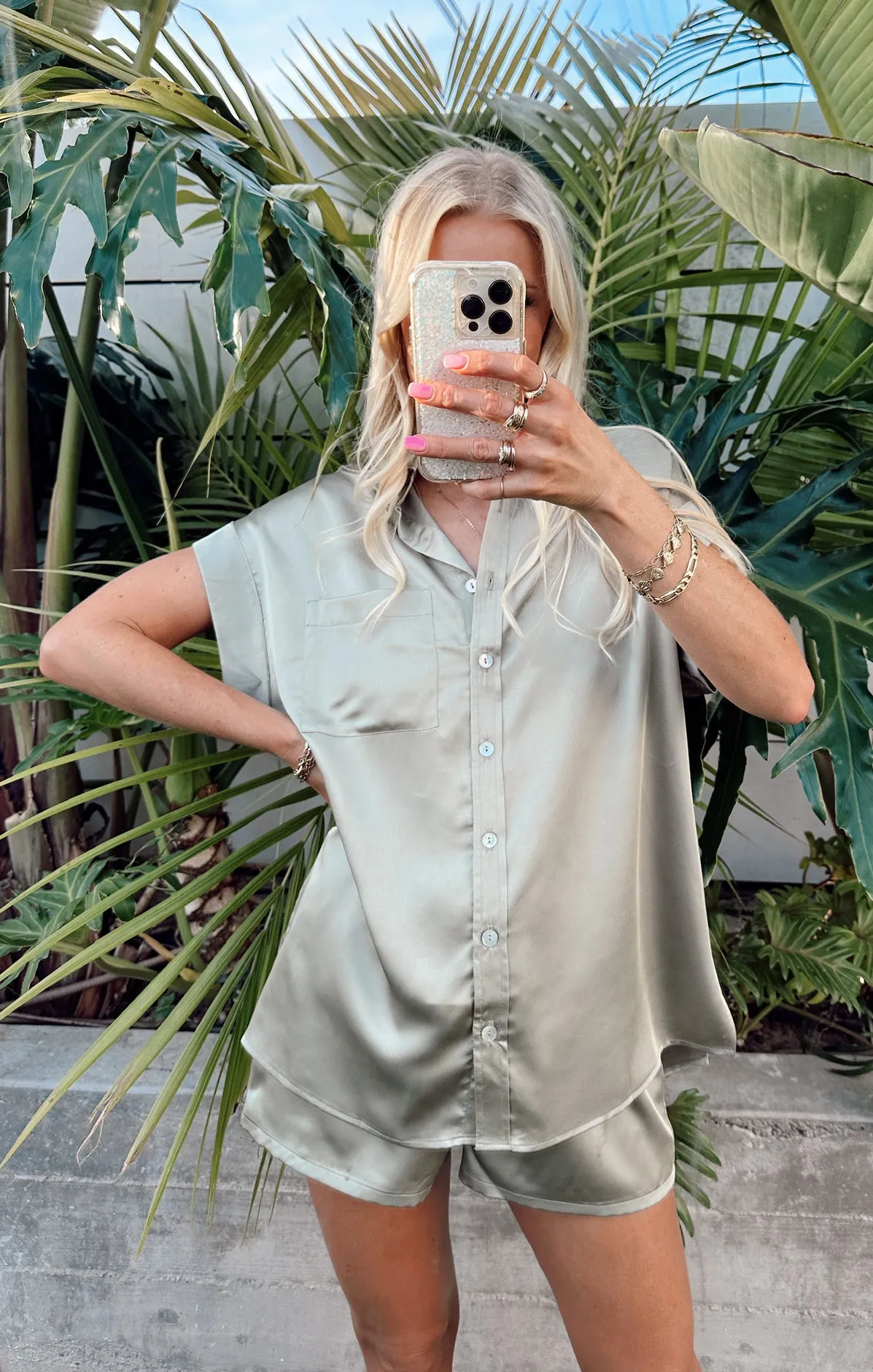 Best Day Button Up ~ Moss Green Luxe Satin