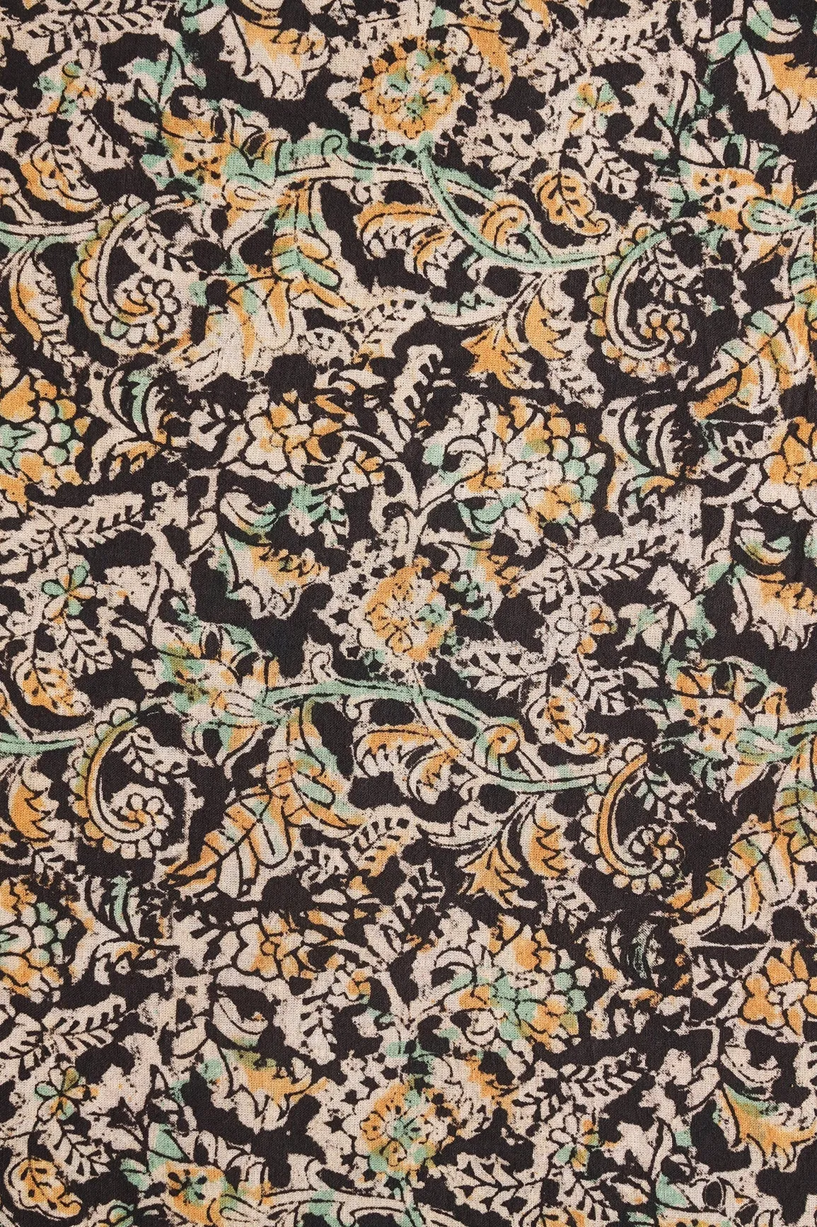 Black And Light Beige Paisley Pattern Handblock Kalamkari Organic Cotton Fabric