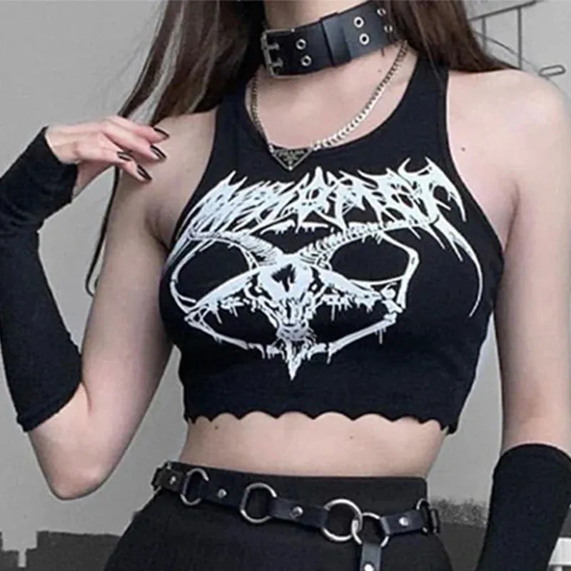 Black Print Grunge Summer Punk Head Goat Goth Knitted Sexy Sleeveless Crop O-neck Top