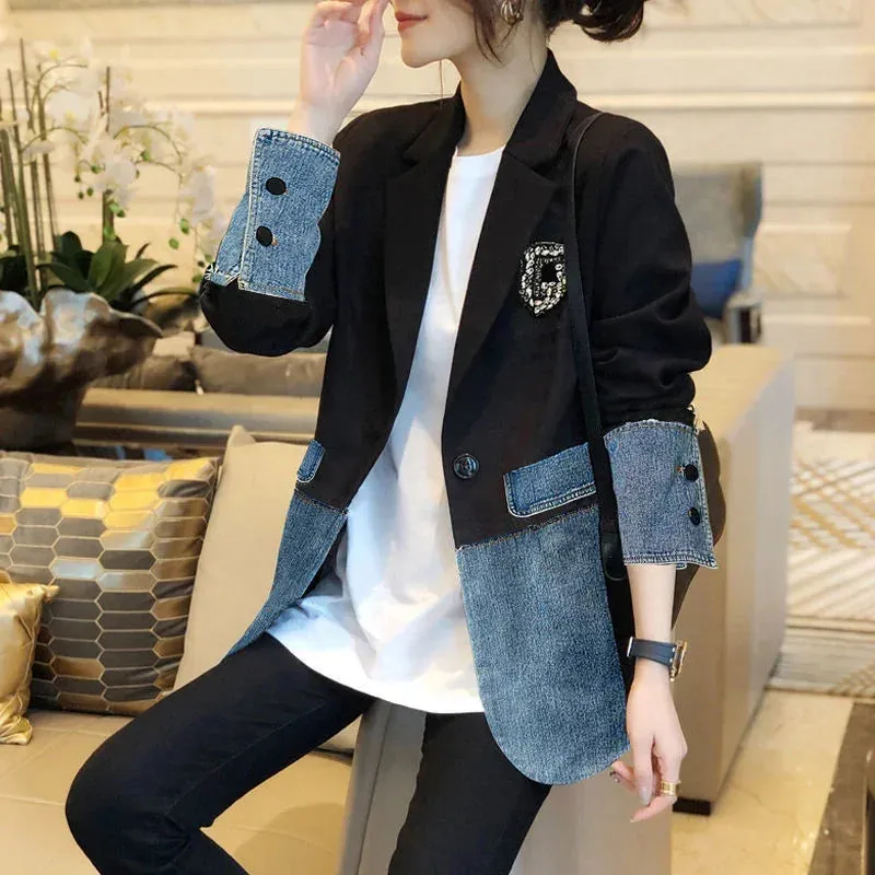 Blue  Denim Jackets with Print Sequin Black Patchwork Diamonds Design