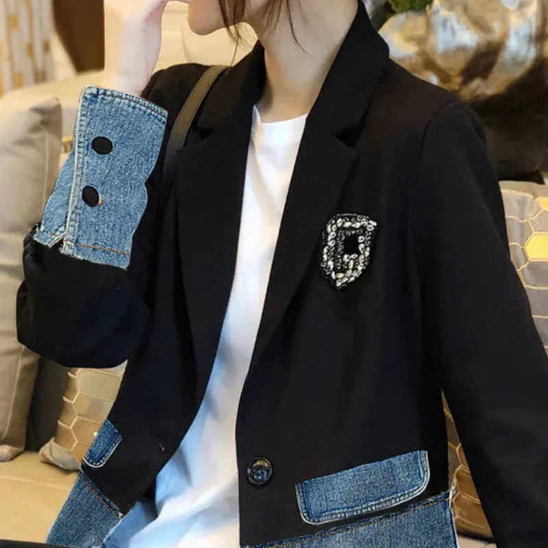 Blue  Denim Jackets with Print Sequin Black Patchwork Diamonds Design