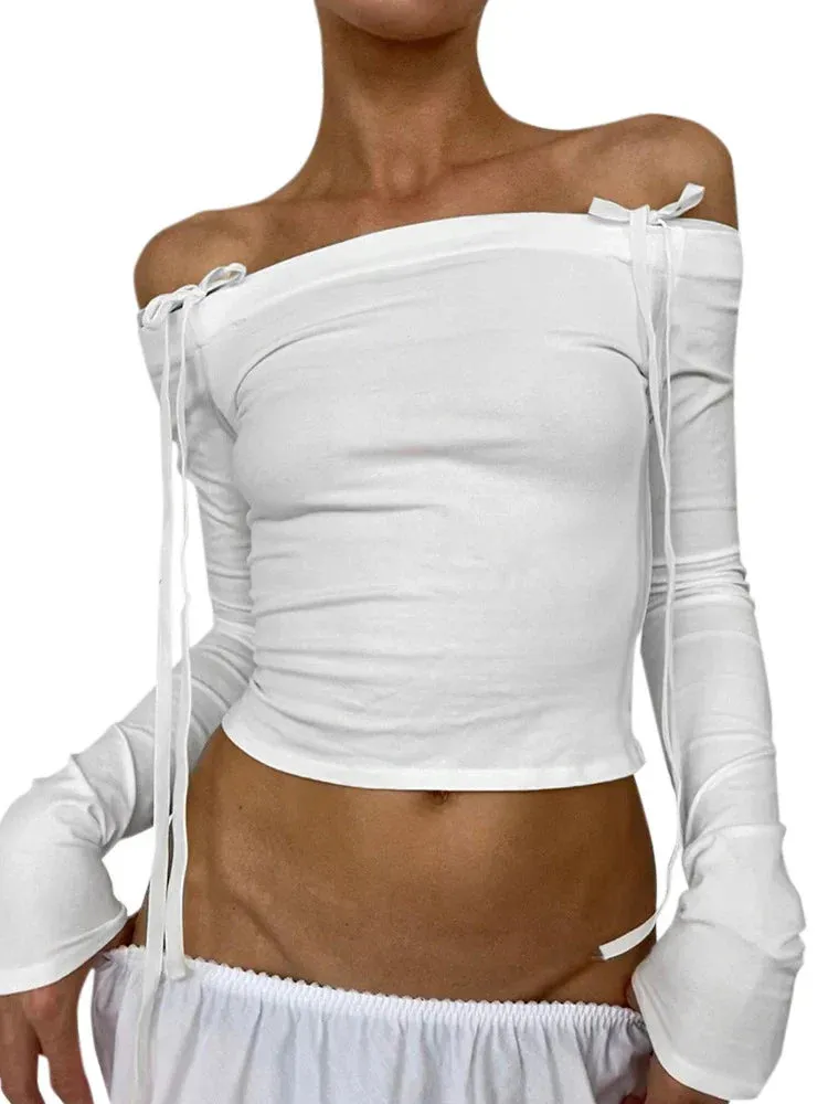 Bow Off Shoulder Skinny Basic Streetwear Crop Top