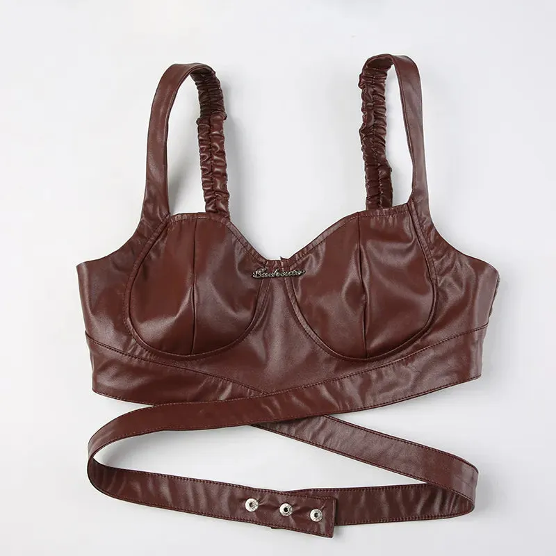 Brown Strap Leather Bandage With Sleeve Top