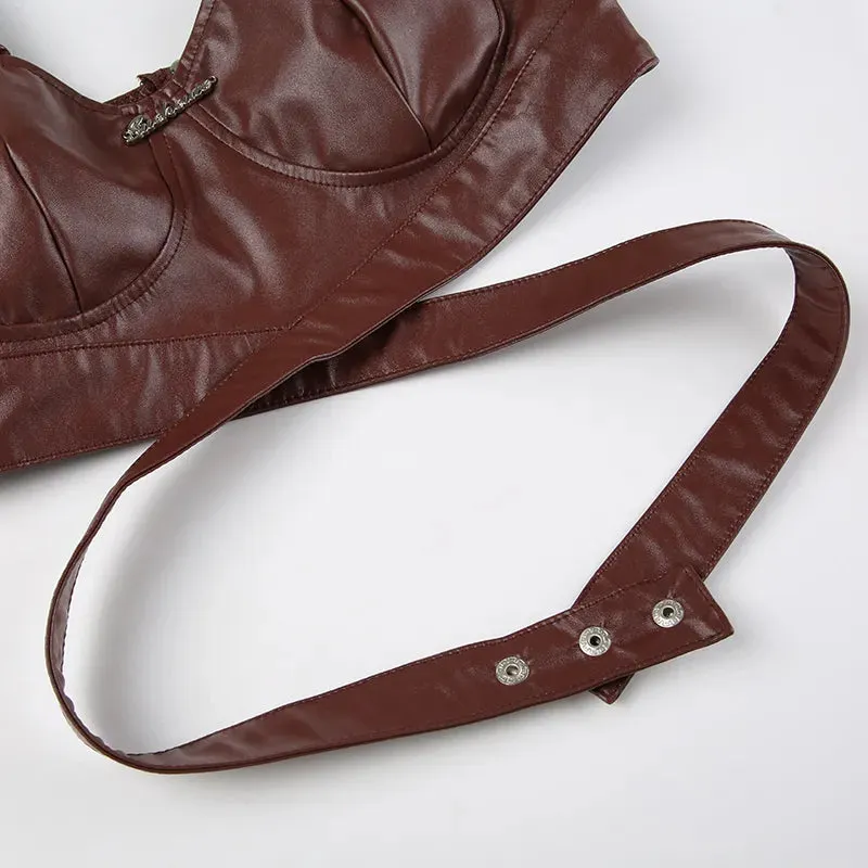 Brown Strap Leather Bandage With Sleeve Top