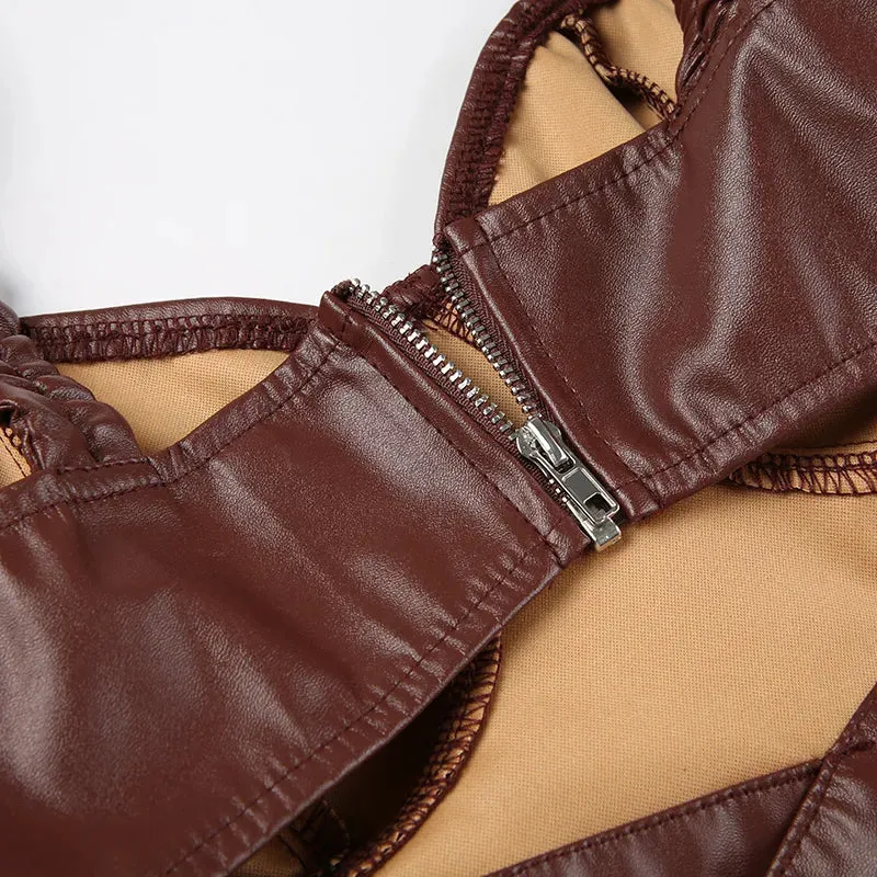 Brown Strap Leather Bandage With Sleeve Top