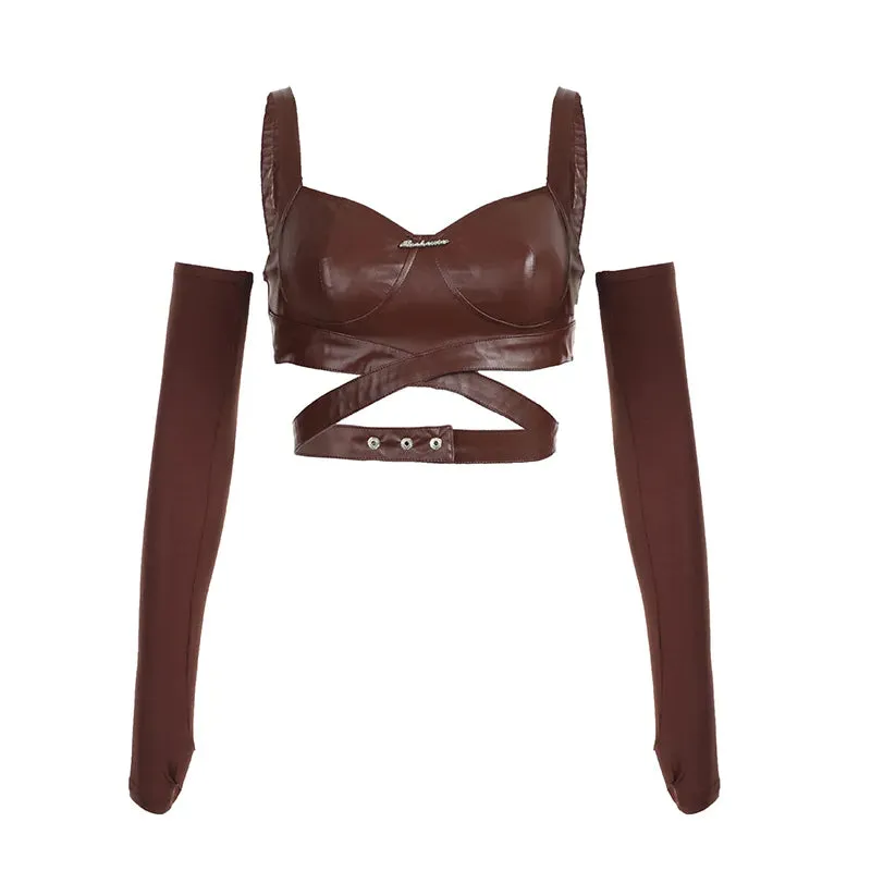 Brown Strap Leather Bandage With Sleeve Top