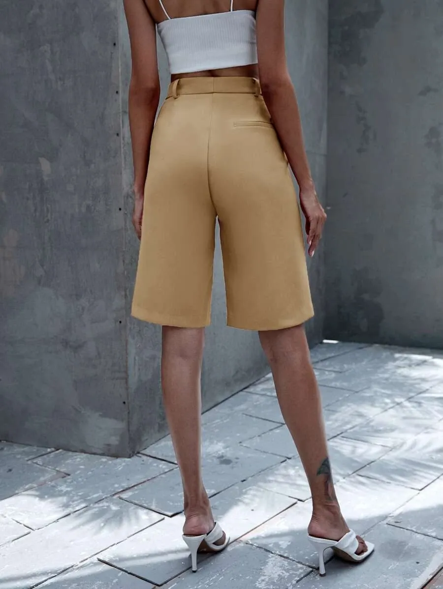 Button Waist Solid Bermuda Shorts