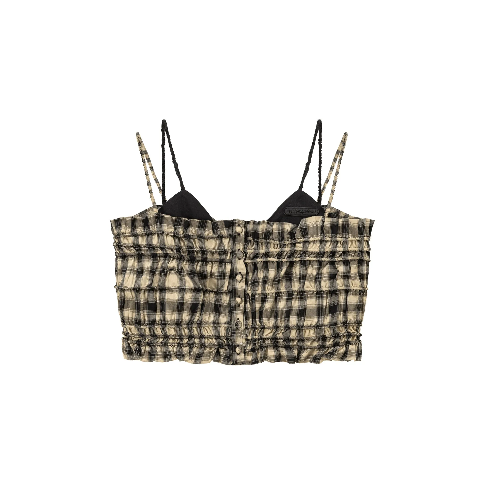 Check Ruffle Buttons Sleeveless Bustier Top