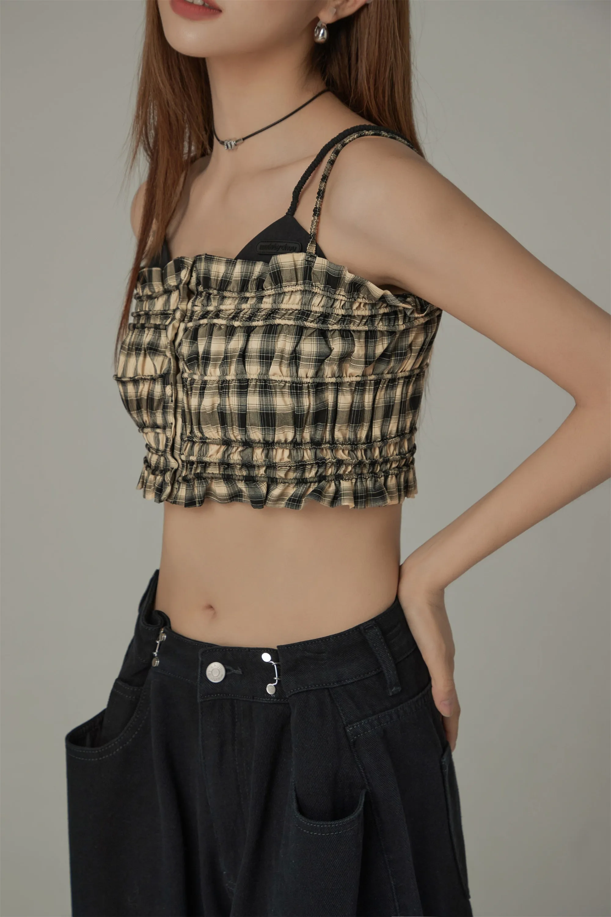 Check Ruffle Buttons Sleeveless Bustier Top