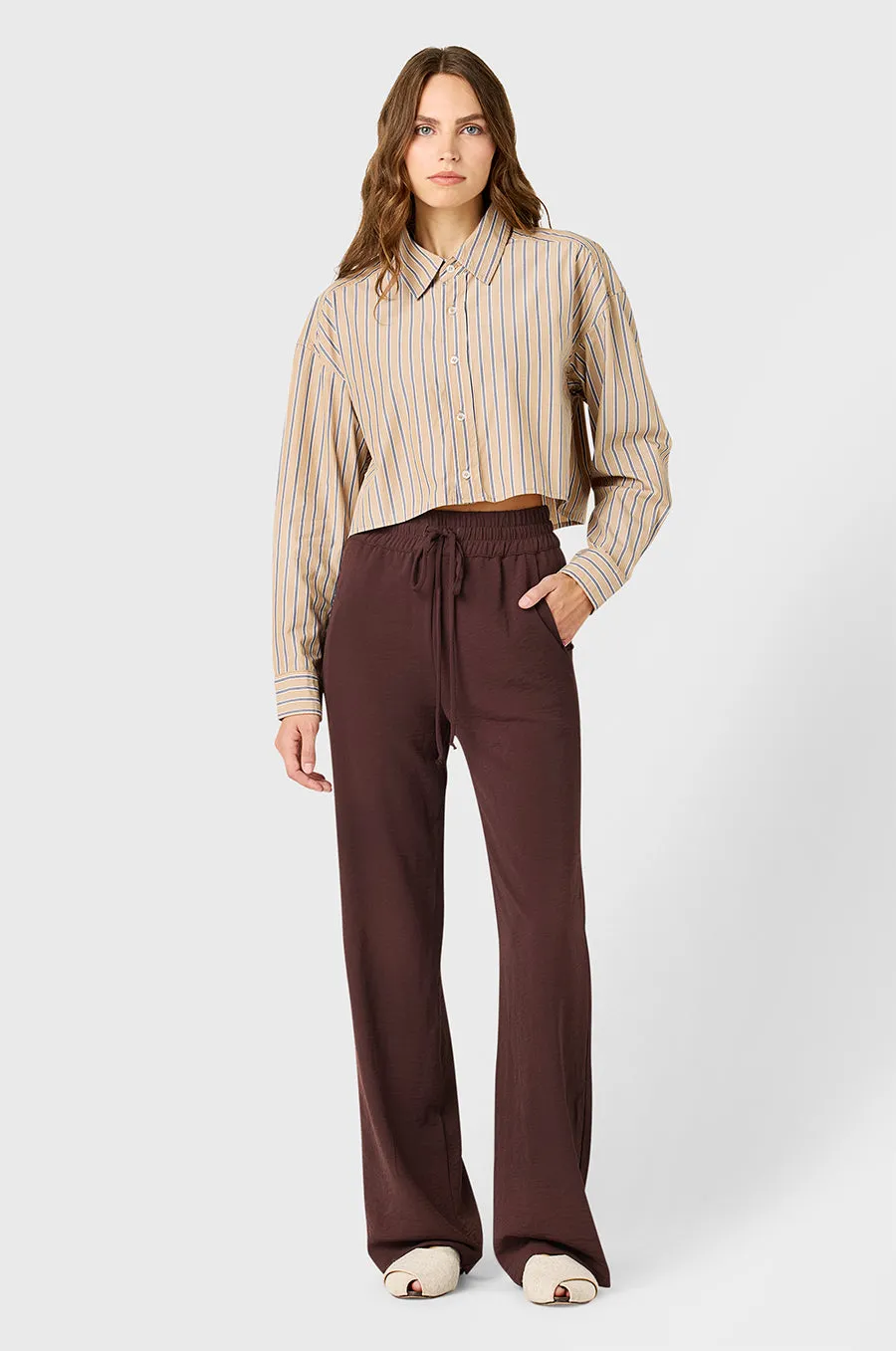 CROPPED BOXY BUTTON UP IN HONEY STRIPE POPLIN