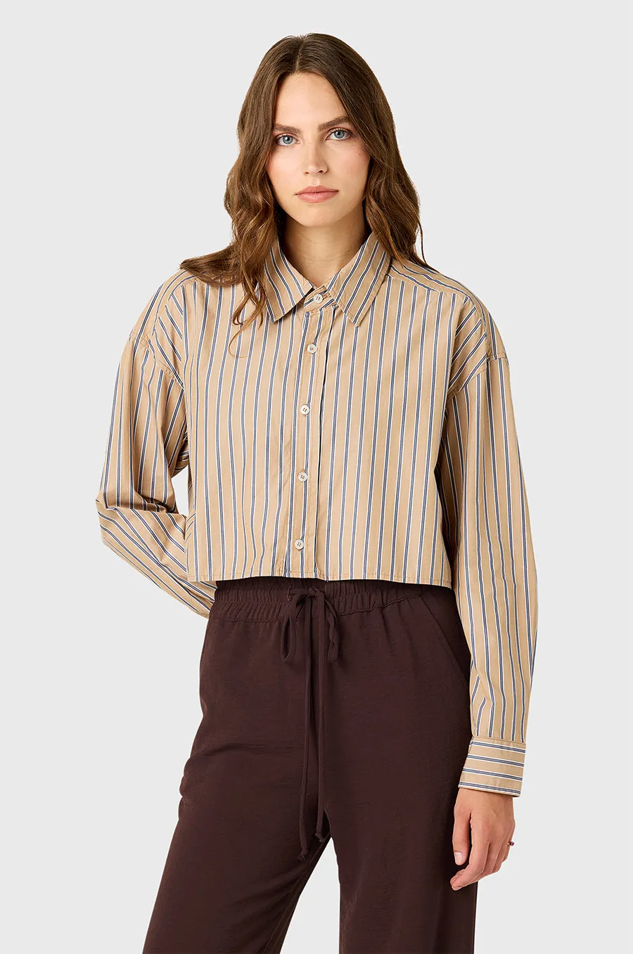 CROPPED BOXY BUTTON UP IN HONEY STRIPE POPLIN