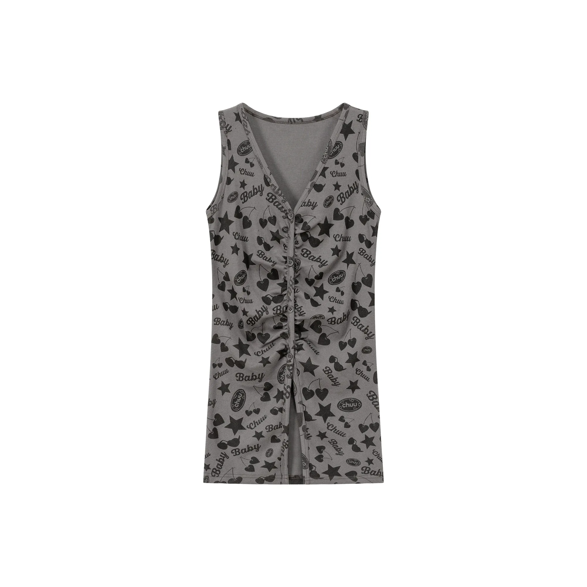 Cute Icons Button Shirring Sleeveless Top