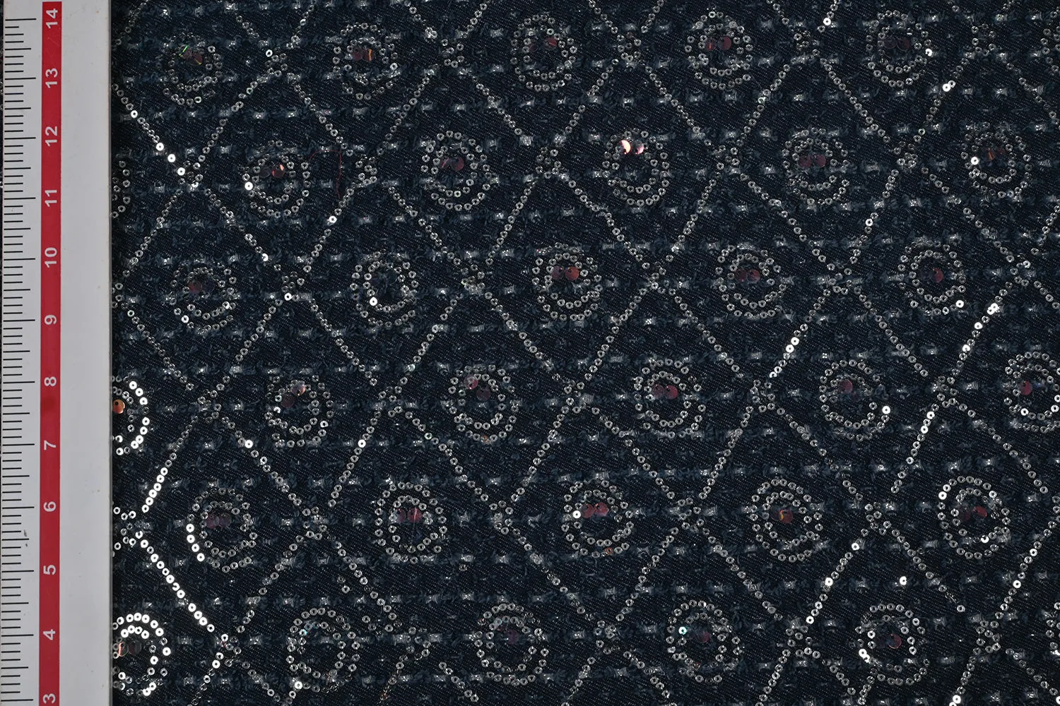 Dark Blue Traditional Cotton Cut Work Sequin Denim Fabric