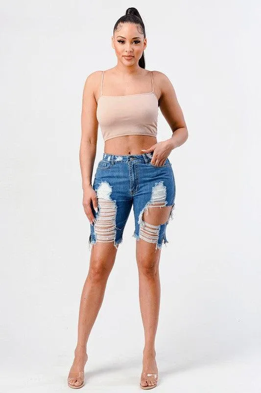 Destroyed Mid Rise Bermuda Shorts