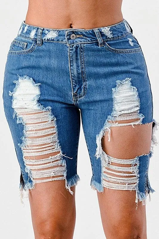 Destroyed Mid Rise Bermuda Shorts