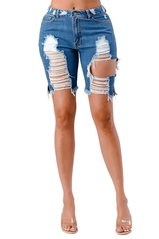 Destroyed Mid Rise Bermuda Shorts