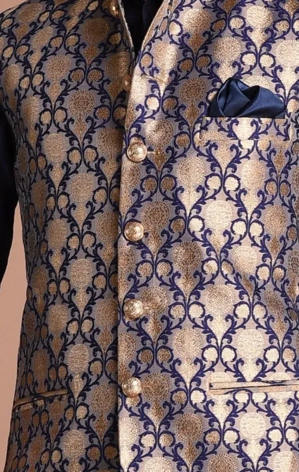 Diamond Pattern Brocade Silk Navy Blue Golden Jacket With Kurta Pajama