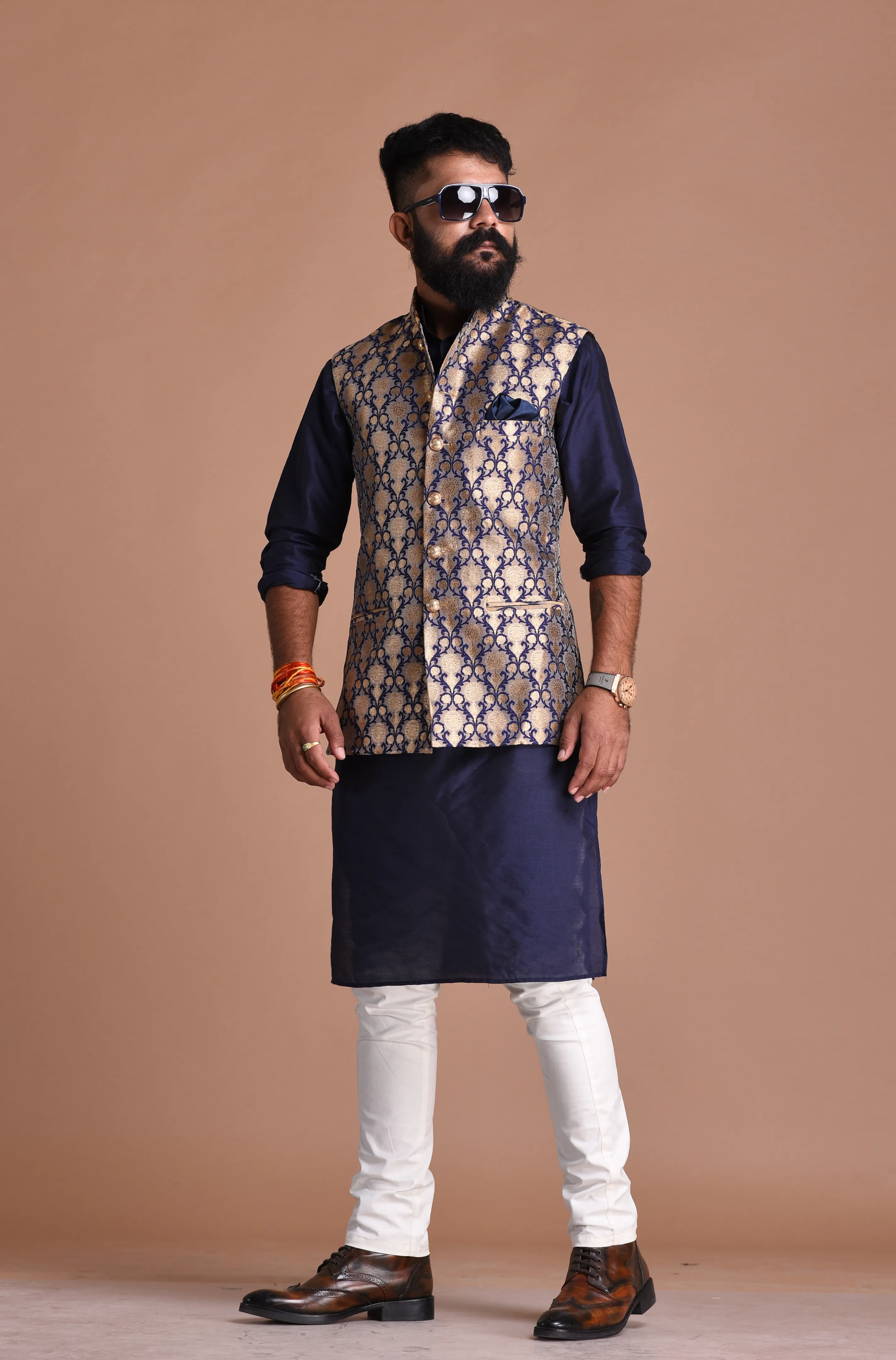 Diamond Pattern Brocade Silk Navy Blue Golden Jacket With Kurta Pajama