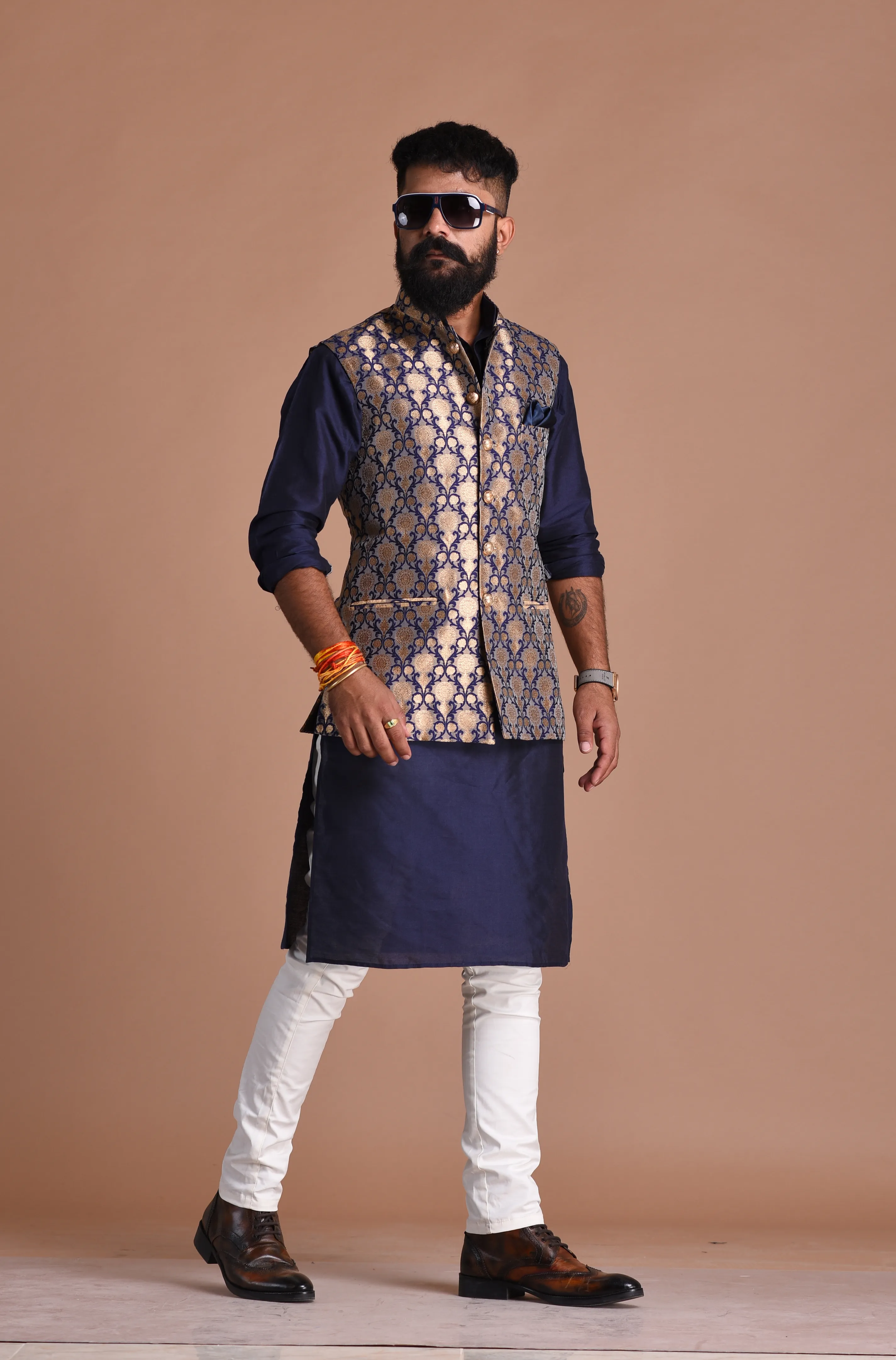 Diamond Pattern Brocade Silk Navy Blue Golden Jacket With Kurta Pajama