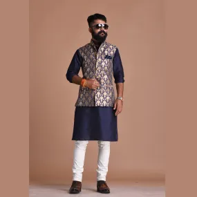 Diamond Pattern Brocade Silk Navy Blue Golden Jacket With Kurta Pajama