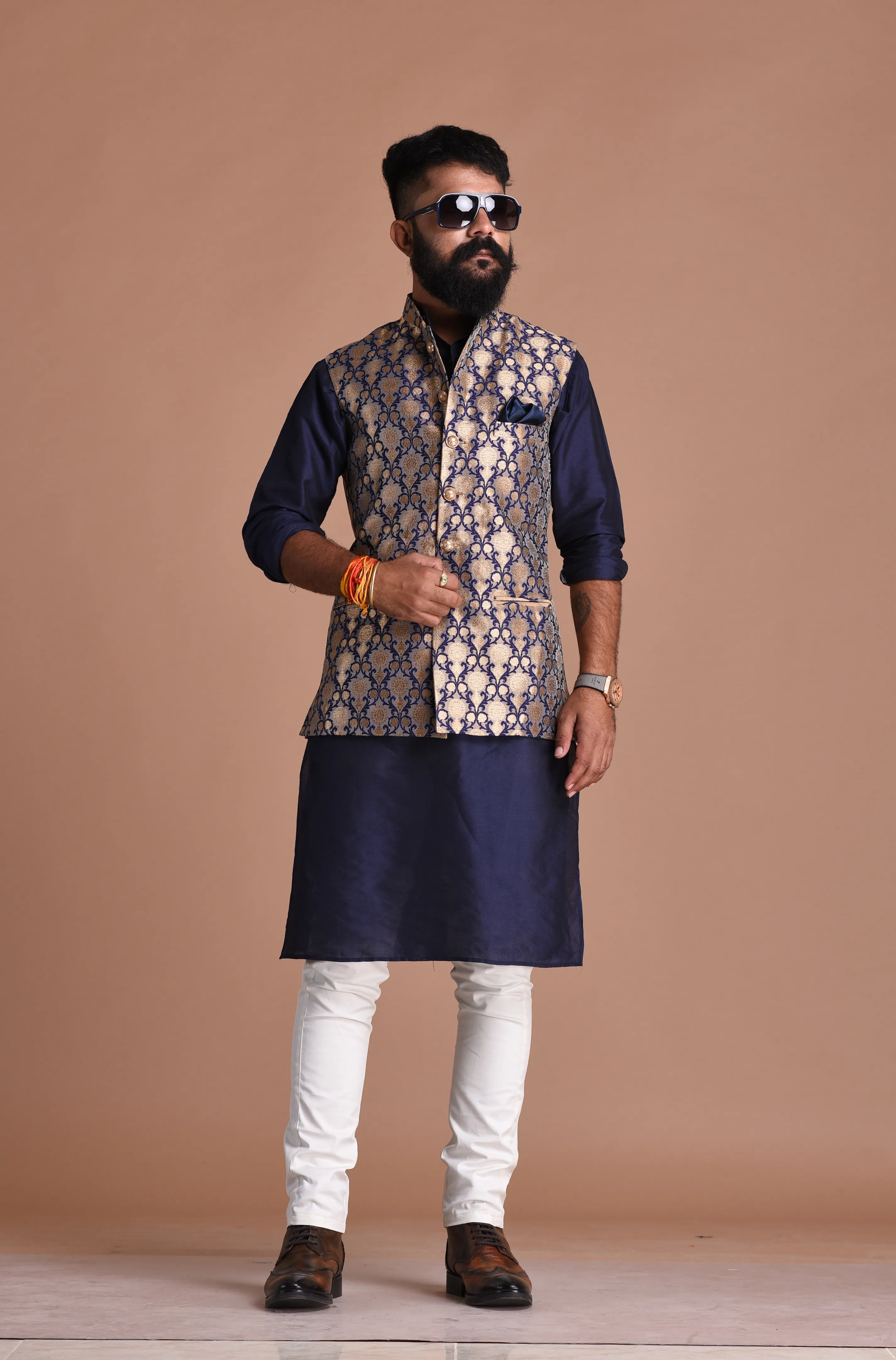 Diamond Pattern Brocade Silk Navy Blue Golden Jacket With Kurta Pajama